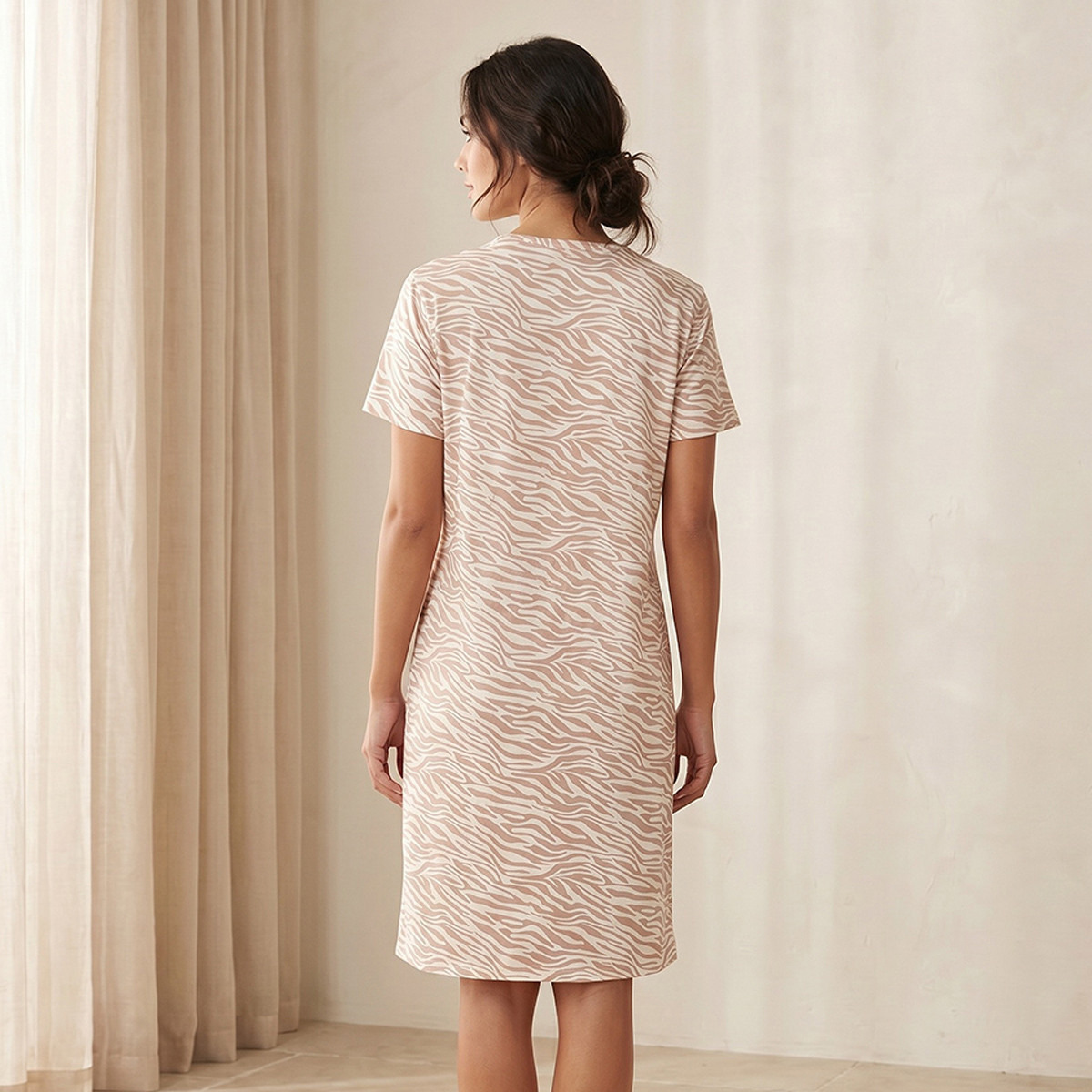 Knee Length Night Dress Short Sleeves with Animal Print Cotton-women-clothing-nightwear-nighties-image-4