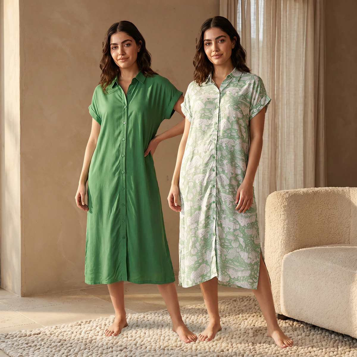 Set of 2 - Sleepshirt Short Sleeve Roll-Up Cuff Viscose-women-clothing-nightwear-nighties-image-1