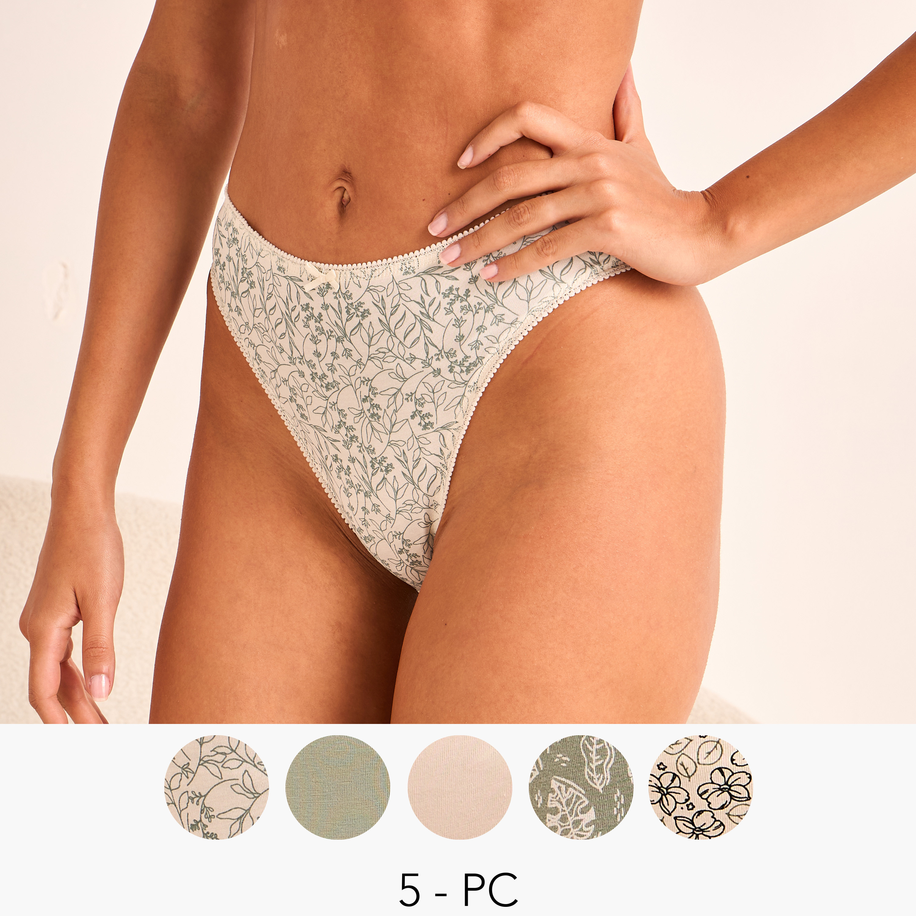 طقم سراويل داخلية بكيني 5 قطع بخصر مرتفع وفيونكة-women-clothing-lingerie-panties-image-1