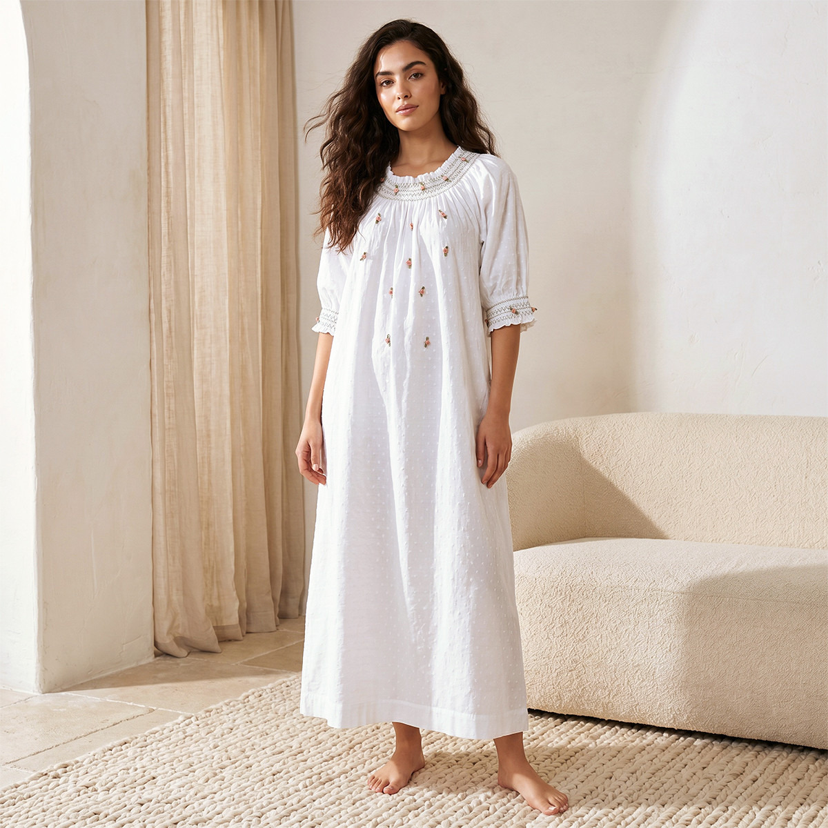 فستان نوم دوبي قطن ماكسي مطرز بأكمام 3/4-women-clothing-nightwear-nighties-image-1