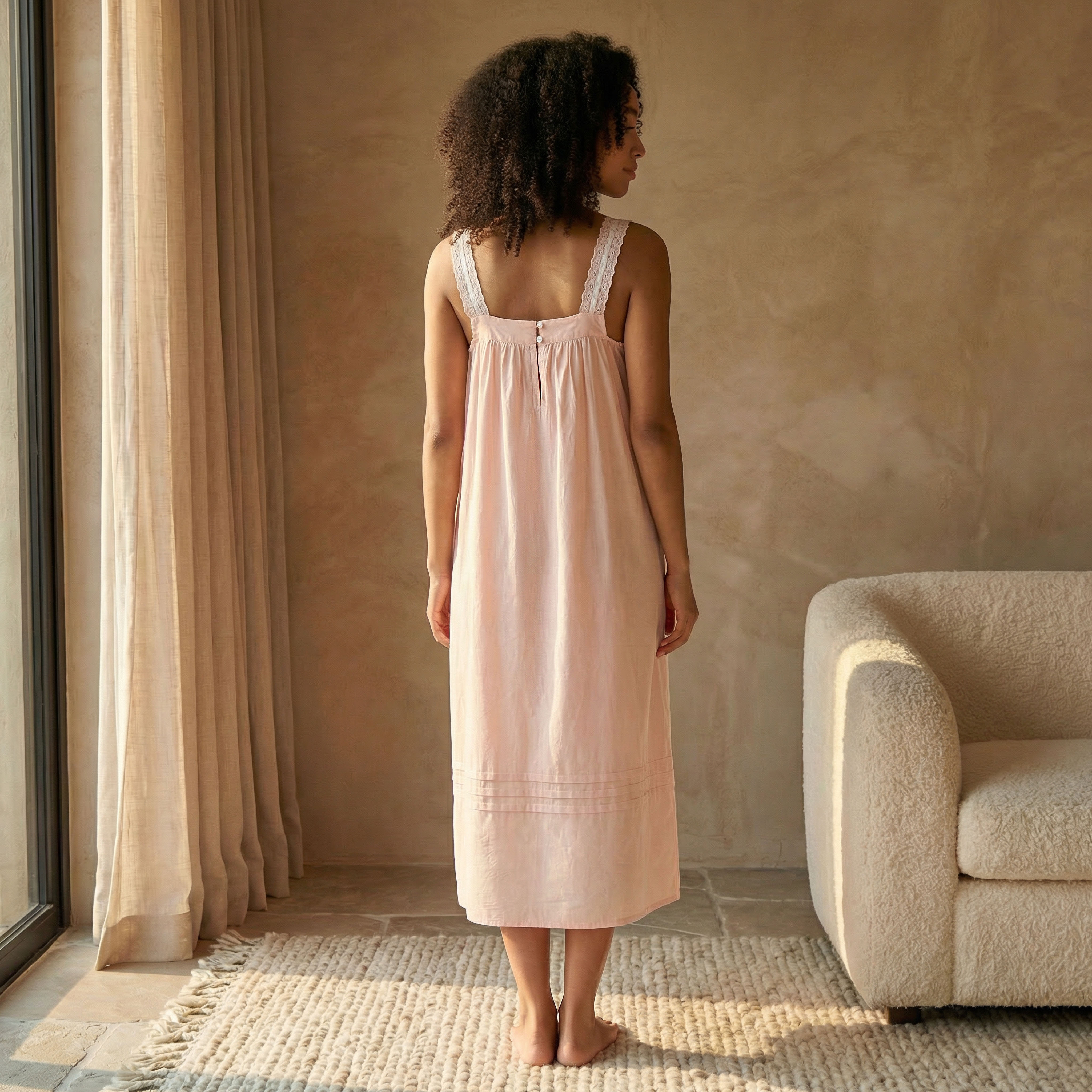 Midi Night Dress Sleeveless Ribbon Tie-Up Cotton-women-clothing-nightwear-nighties-image-4
