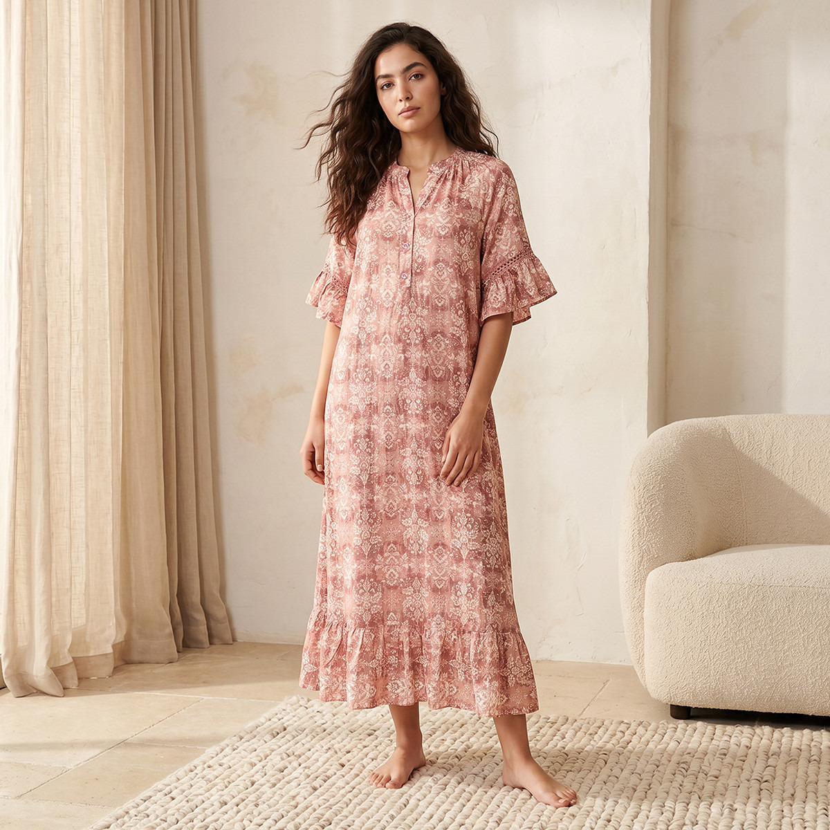 Night Gown Short Sleeve Botanical Print Viscose-women-clothing-nightwear-nighties-image-1