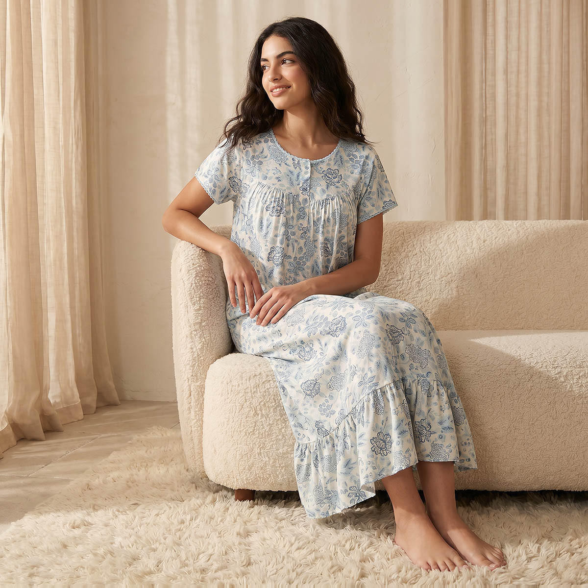 Night Gown Short Sleeve Floral Print Viscose-women-clothing-nightwear-nighties-image-1