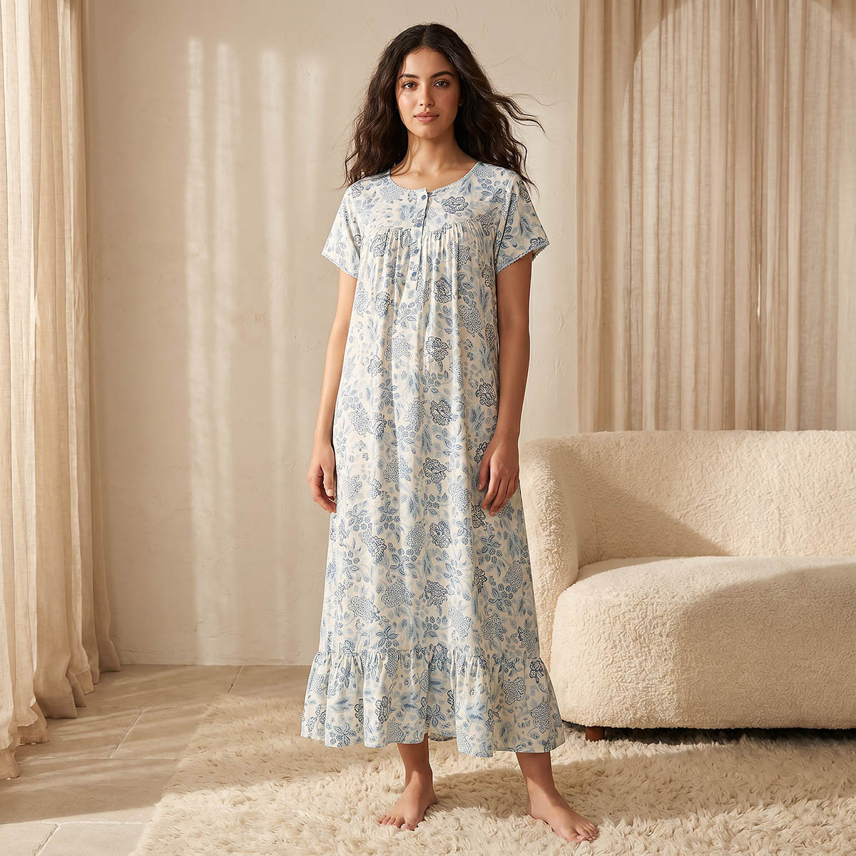 Night Gown Short Sleeve Floral Print Viscose-women-clothing-nightwear-nighties-image-1