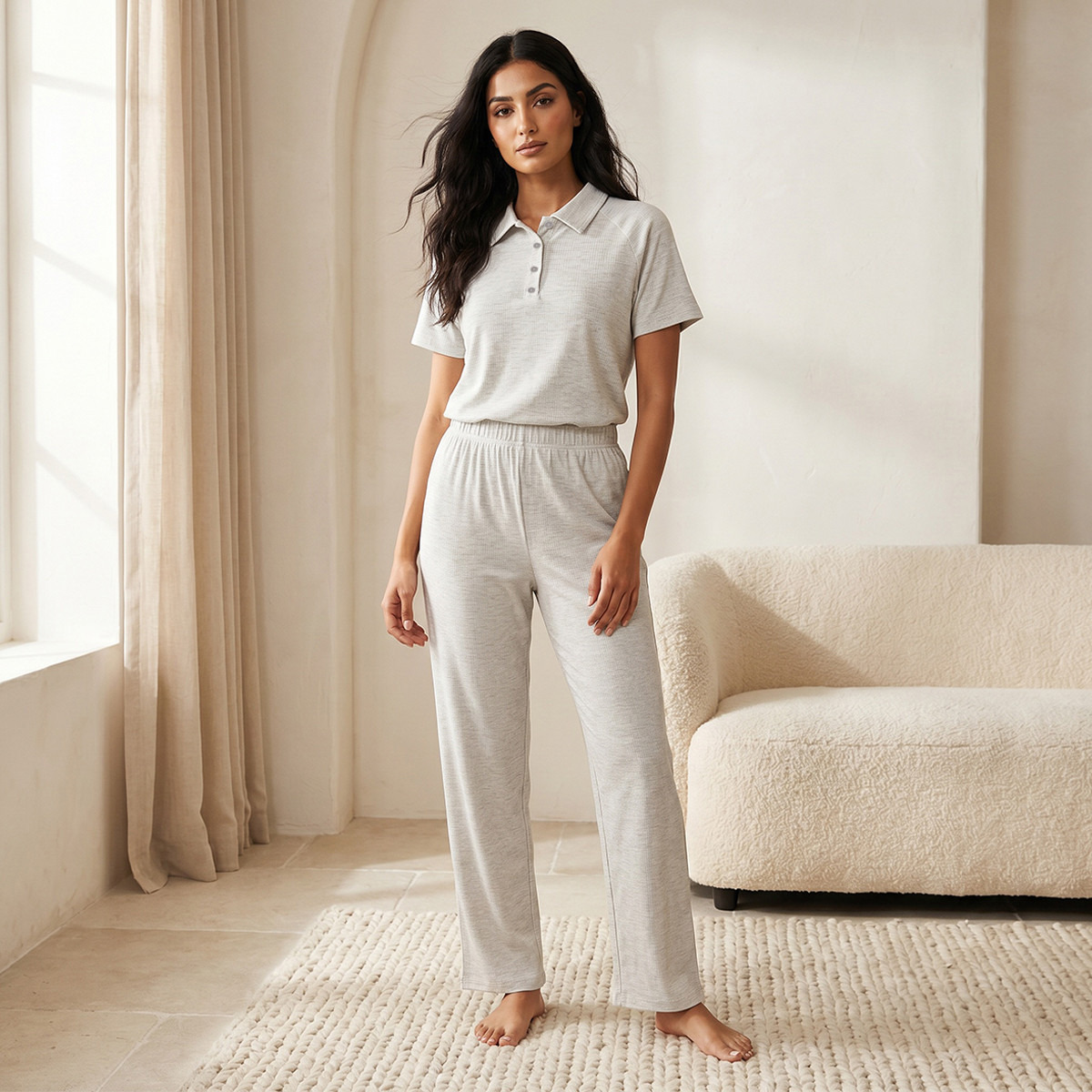 طقم تيشيرت بولو وبنطلون بيجاما-women-clothing-nightwear-pyjamas-longsets-image-1
