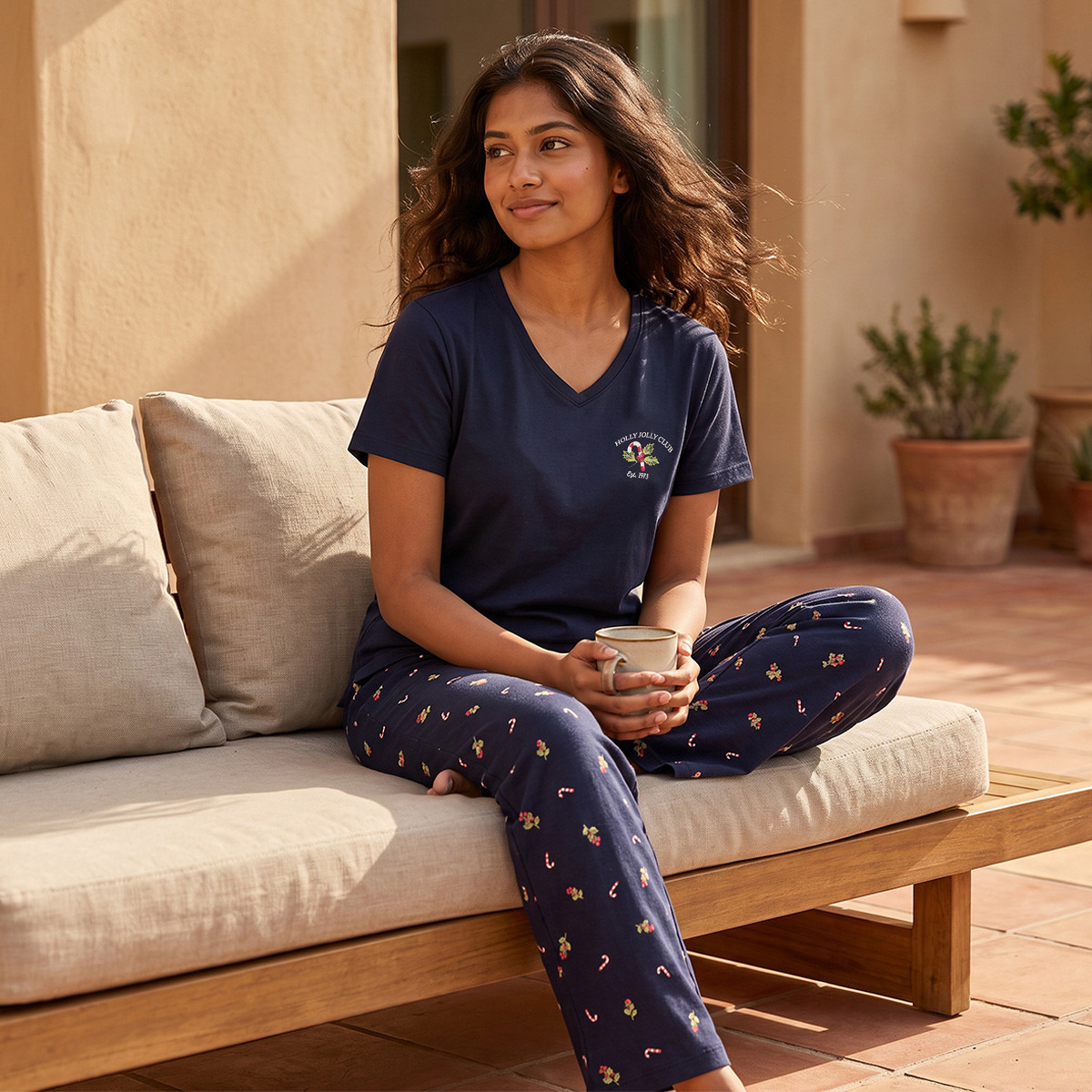 Pyjama Set V-neck T-shirt & Trousers Cotton-women-clothing-nightwear-pyjamas-longsets-image-1