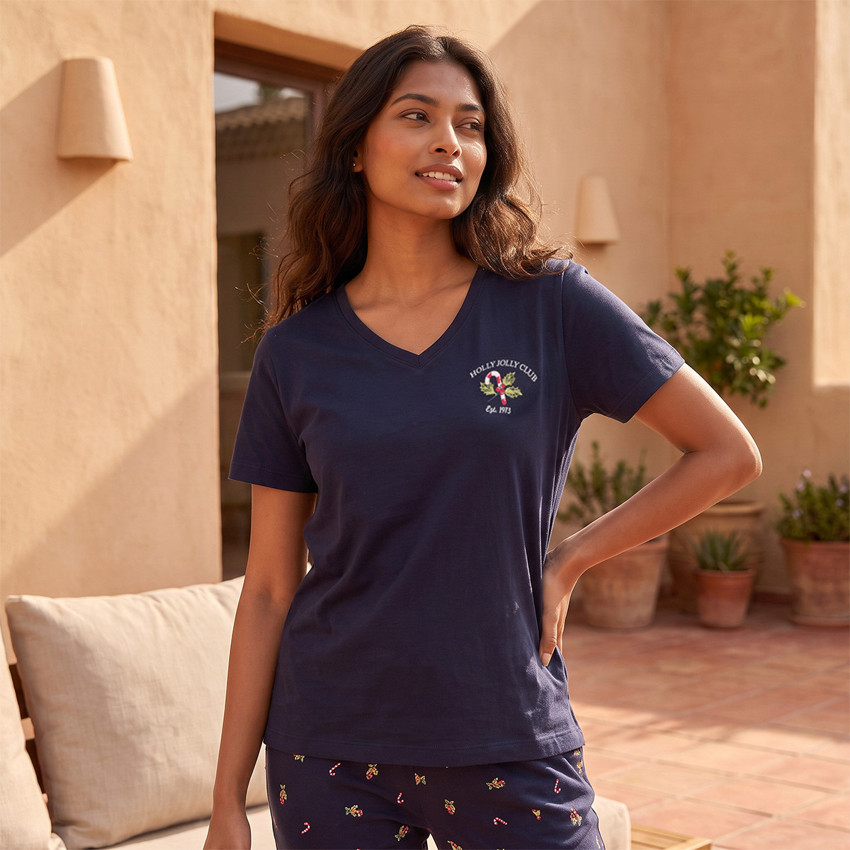 Pyjama Set V-neck T-shirt & Trousers Cotton-women-clothing-nightwear-pyjamas-longsets-image-5