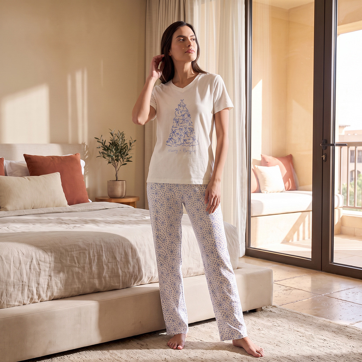 Pyjama Set V-neck T-shirt & Trousers Cotton-women-clothing-nightwear-pyjamas-longsets-image-2