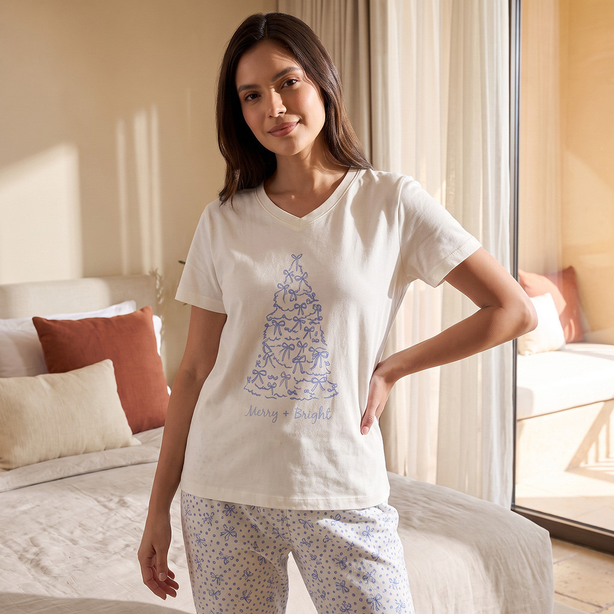 Pyjama Set V-neck T-shirt & Trousers Cotton-women-clothing-nightwear-pyjamas-longsets-image-4