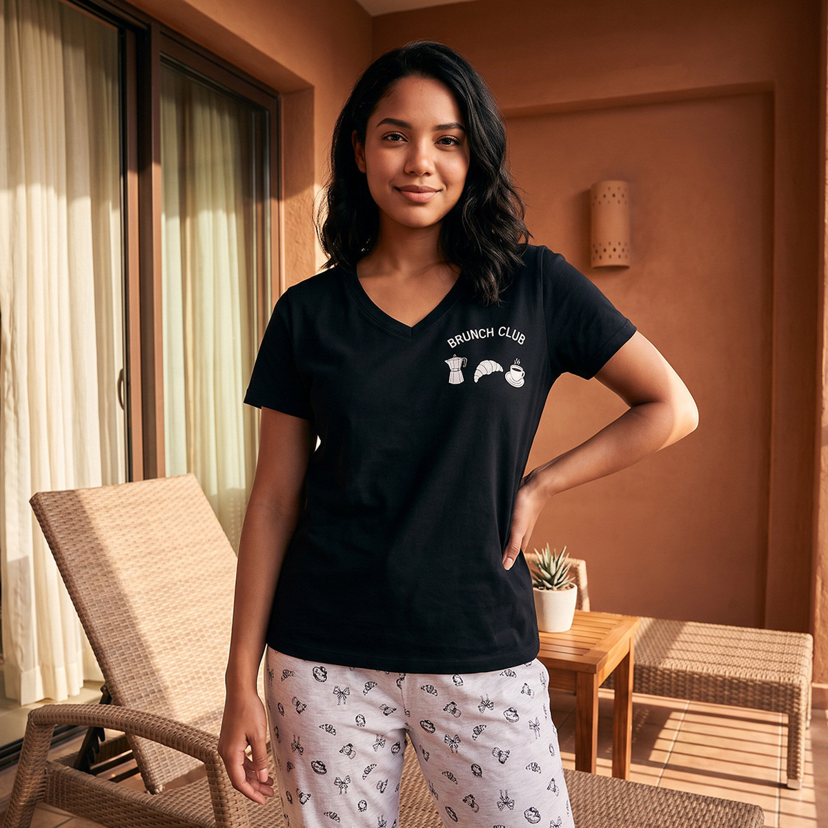 طقم بنطلون وتيشيرت بيجاما قطن بياقة V-women-clothing-nightwear-pyjamas-longsets-image-4