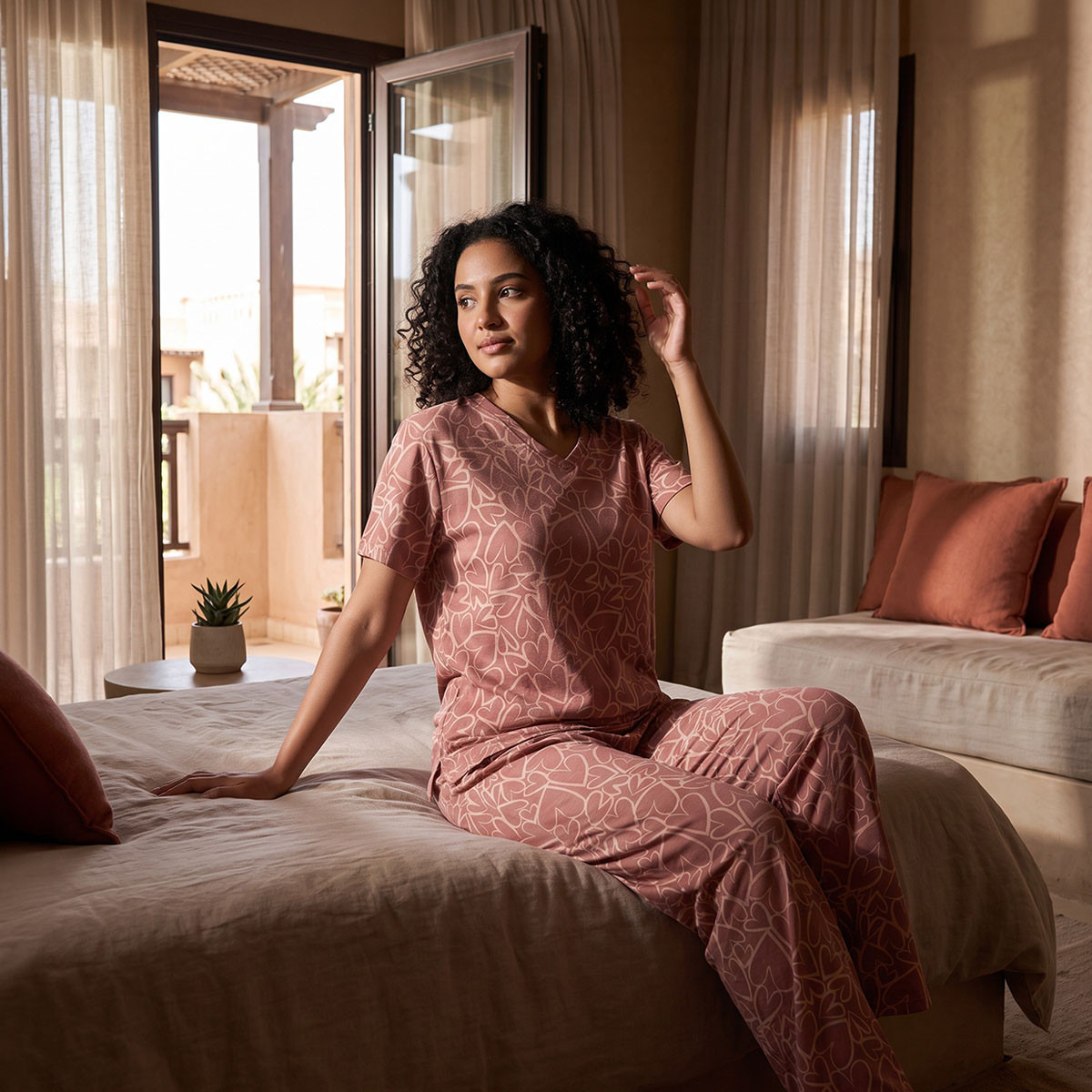 Pyjama Set V-neck T-shirt & Trousers Cotton-women-clothing-nightwear-pyjamas-longsets-image-1