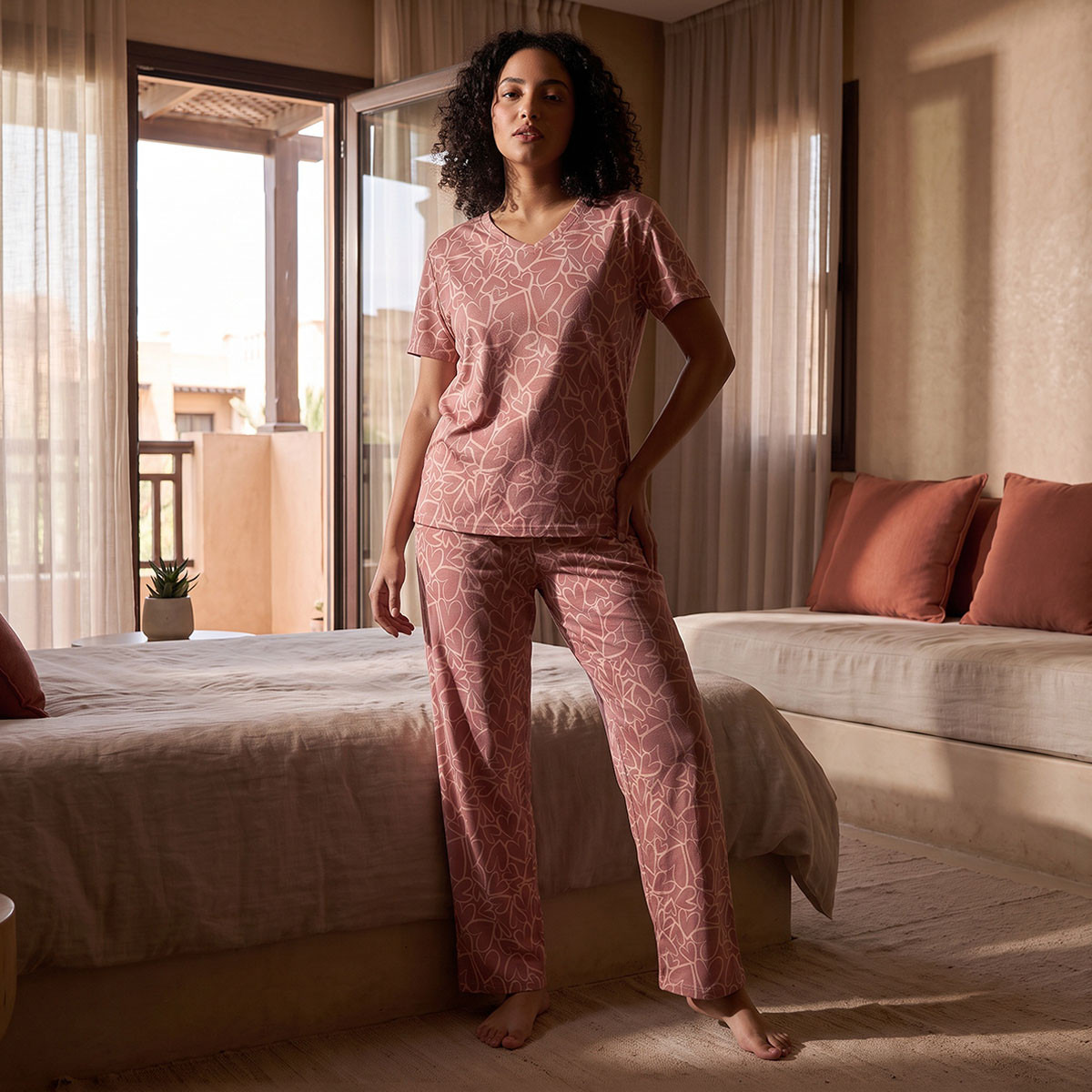 Pyjama Set V-neck T-shirt & Trousers Cotton-women-clothing-nightwear-pyjamas-longsets-image-2