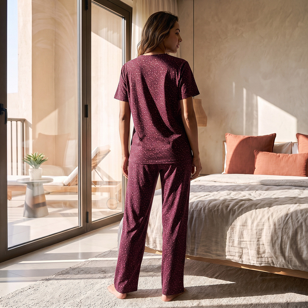 Animal Print Pyjama Set V-neck T-shirt & Trousers Cotton-women-clothing-nightwear-pyjamas-longsets-image-3