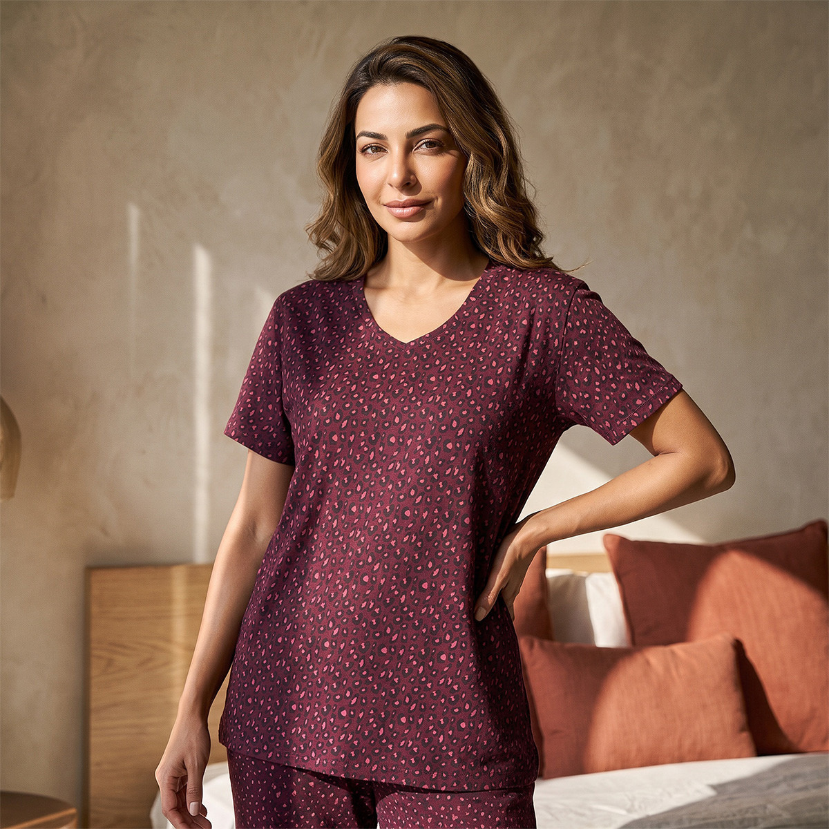 Animal Print Pyjama Set V-neck T-shirt & Trousers Cotton-women-clothing-nightwear-pyjamas-longsets-image-4