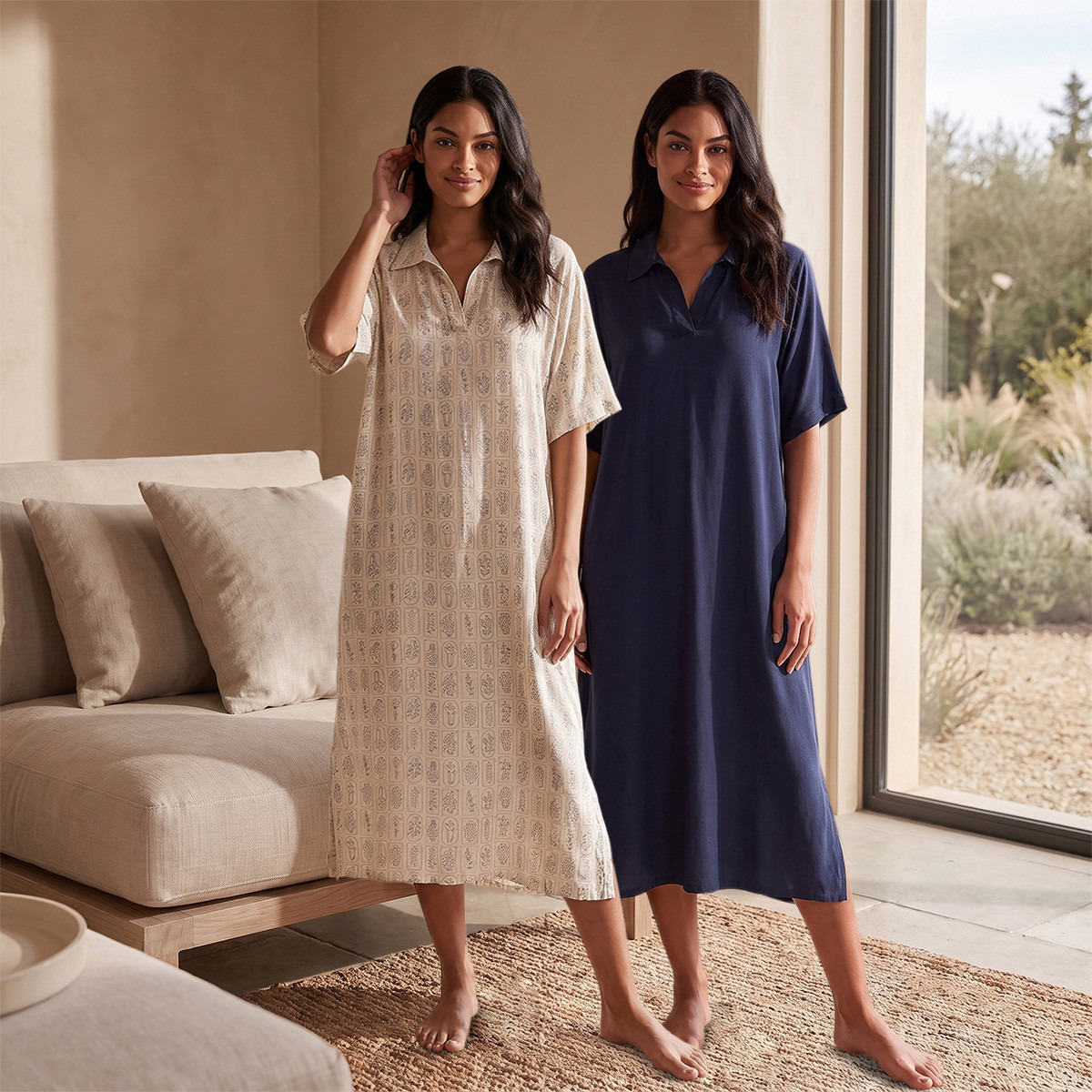Set of 2 - Splash Intimates Midi Length Night Dress Short Sleeves Assorted Print Viscose-women-clothing-nightwear-nighties-image-1