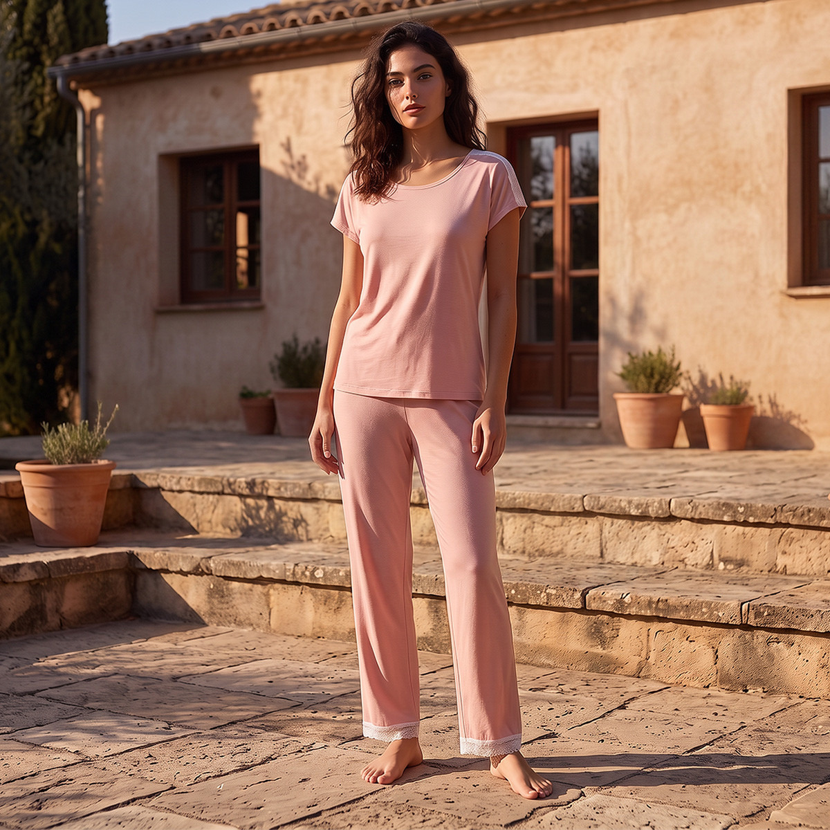 Splash Intimates Pyjama Set Lace Trim T-shirt & Trousers-women-clothing-nightwear-pyjamas-longsets-image-2