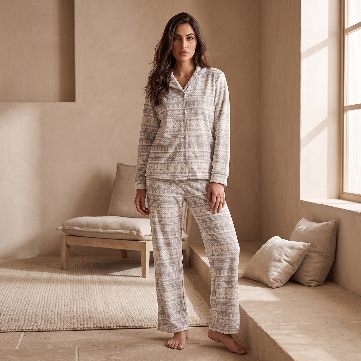 Splash Intimates Velour Printed Button-Down Shirt and Pyjama Set-women-winterwear-nightwear-image-2