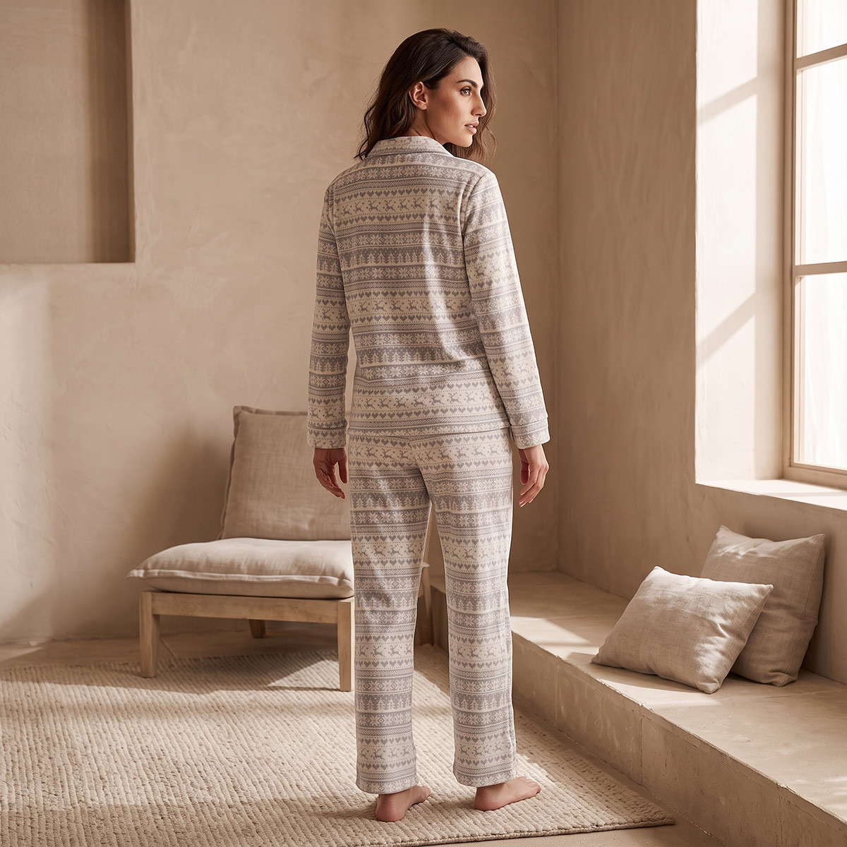 Splash Intimates Velour Printed Button-Down Shirt and Pyjama Set-women-winterwear-nightwear-image-3