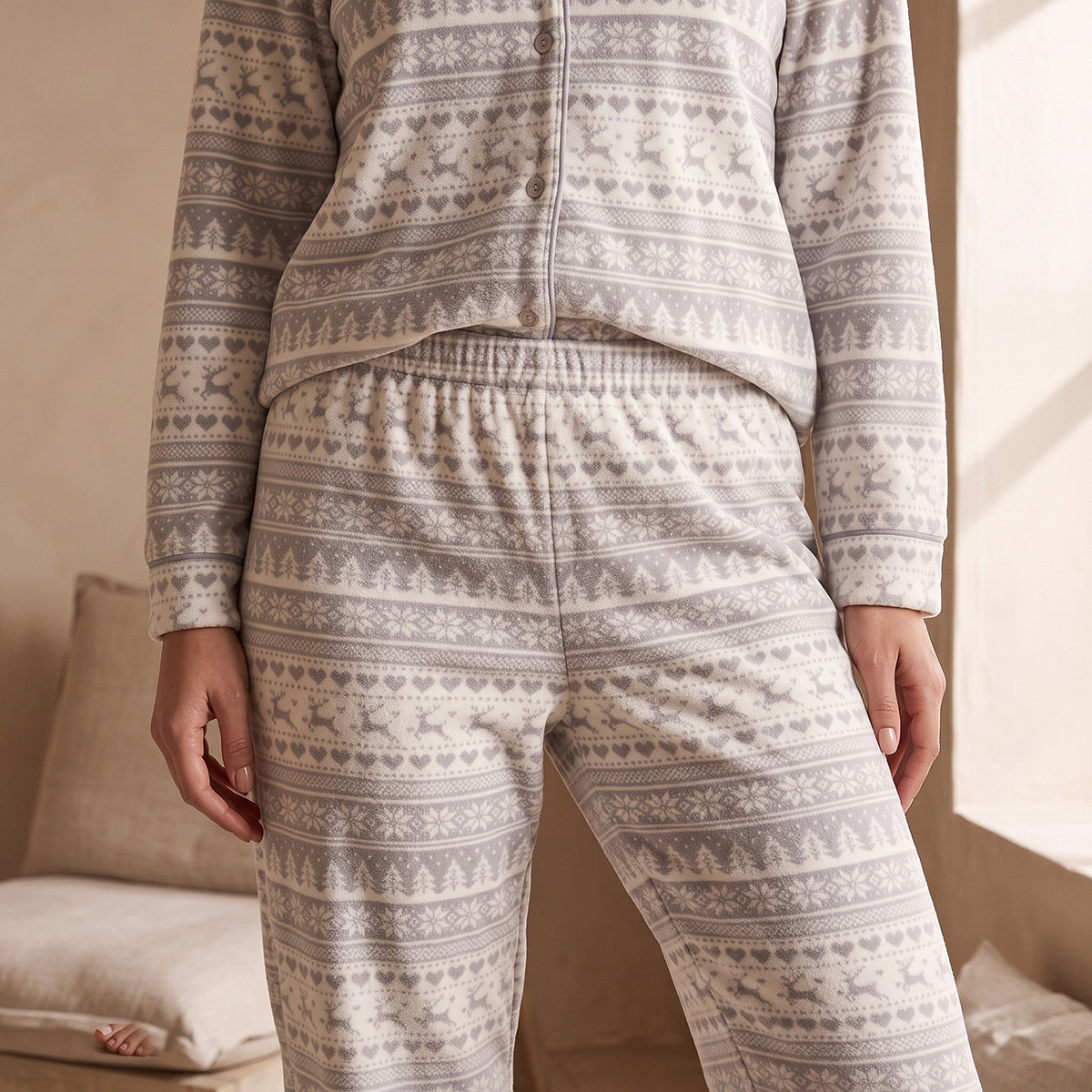 Splash Intimates Velour Printed Button-Down Shirt and Pyjama Set-women-winterwear-nightwear-image-7