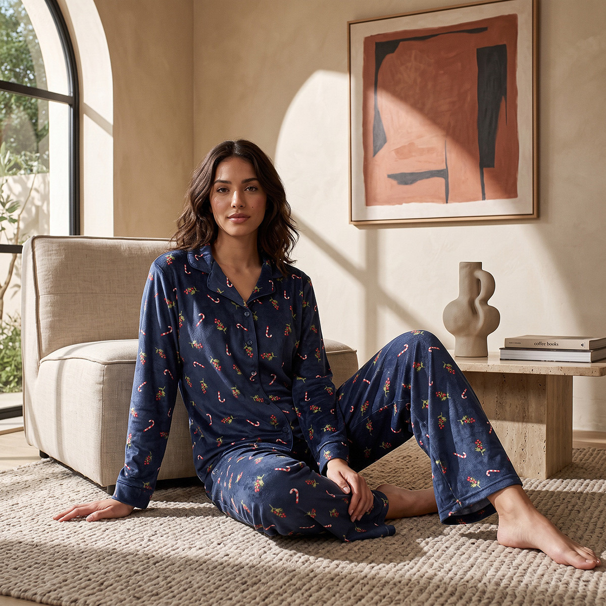 Splash Intimates Velour Printed Button-Down Shirt and Pyjama Set-women-winterwear-nightwear-image-1