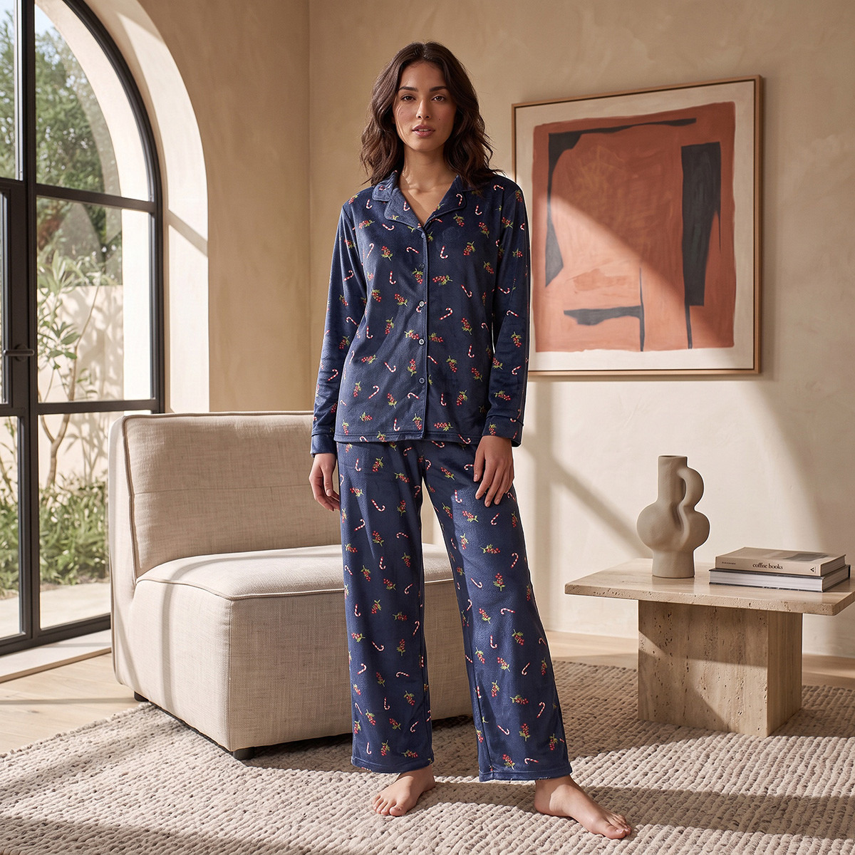 Splash Intimates Velour Printed Button-Down Shirt and Pyjama Set-women-winterwear-nightwear-image-2