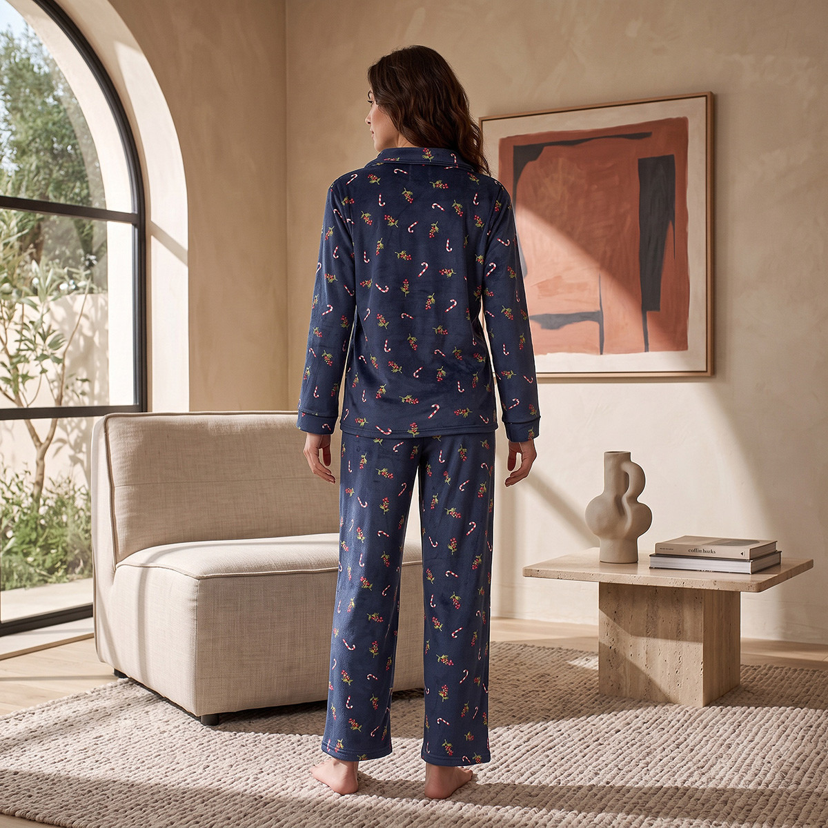 Splash Intimates Velour Printed Button-Down Shirt and Pyjama Set-women-winterwear-nightwear-image-3