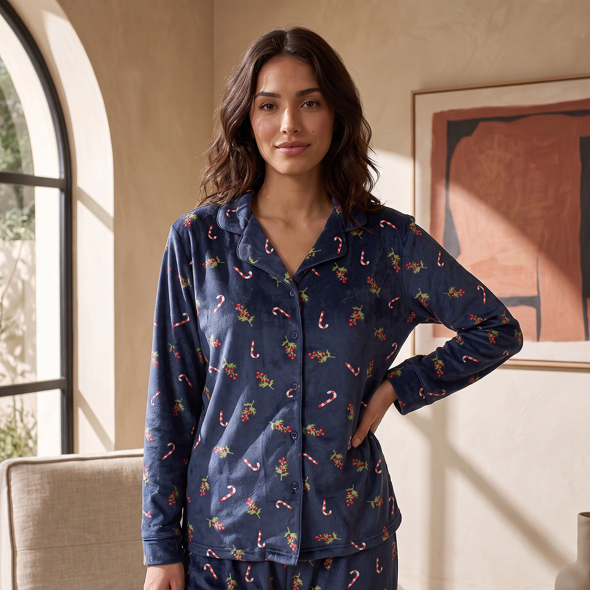 Splash Intimates Velour Printed Button-Down Shirt and Pyjama Set-women-winterwear-nightwear-image-4