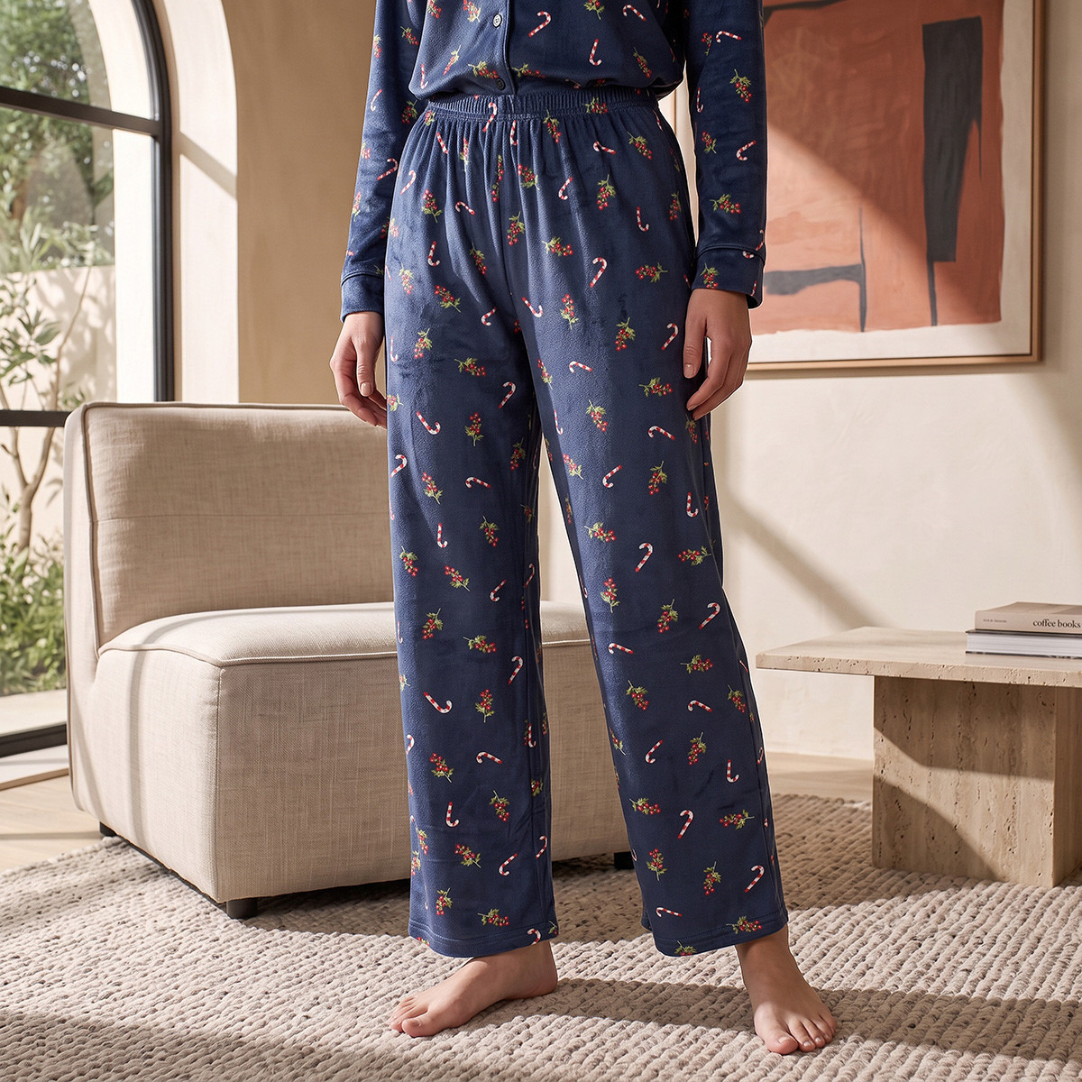Splash Intimates Velour Printed Button-Down Shirt and Pyjama Set-women-winterwear-nightwear-image-5