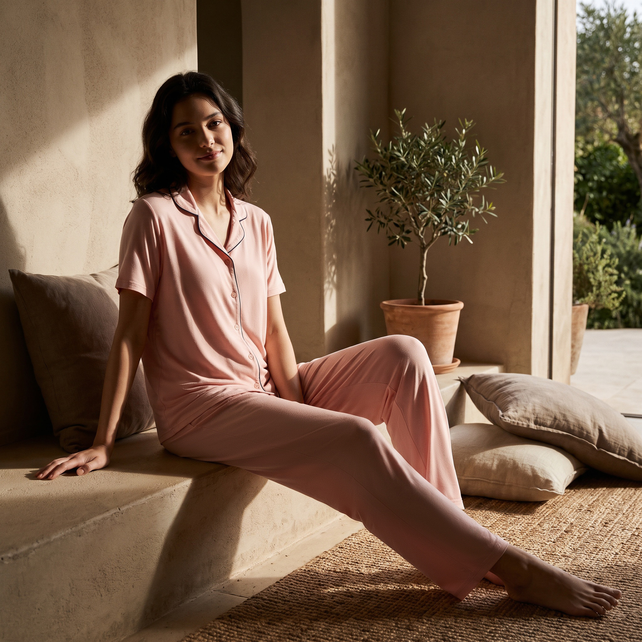 Splash Intimates Piping Accent Button Down Shirt and Pyjama Set-women-clothing-nightwear-pyjamas-longsets-image-1