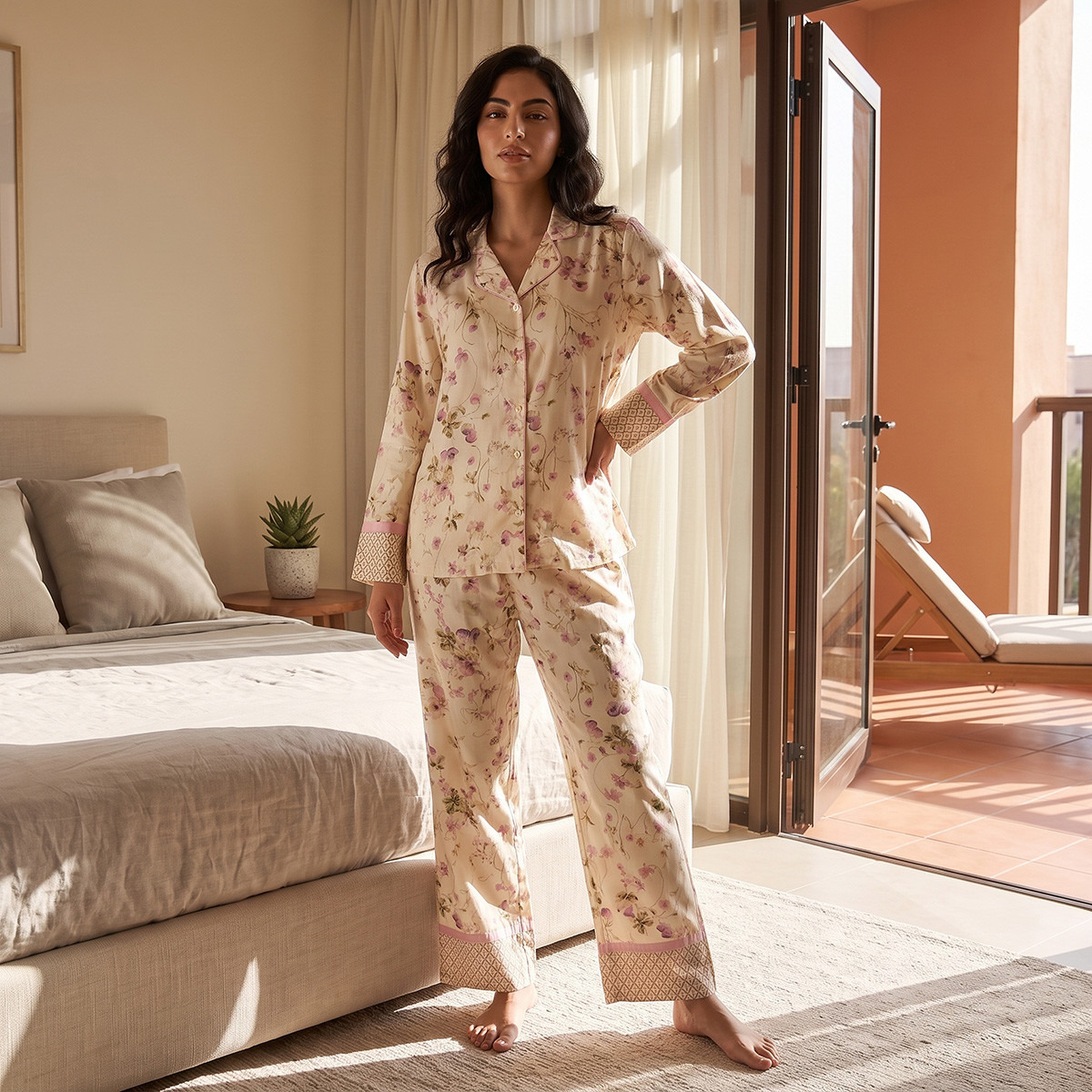 Splash Intimates Viscose Floral Print Button-Down Shirt and Pyjama Set-women-clothing-nightwear-pyjamas-longsets-image-2