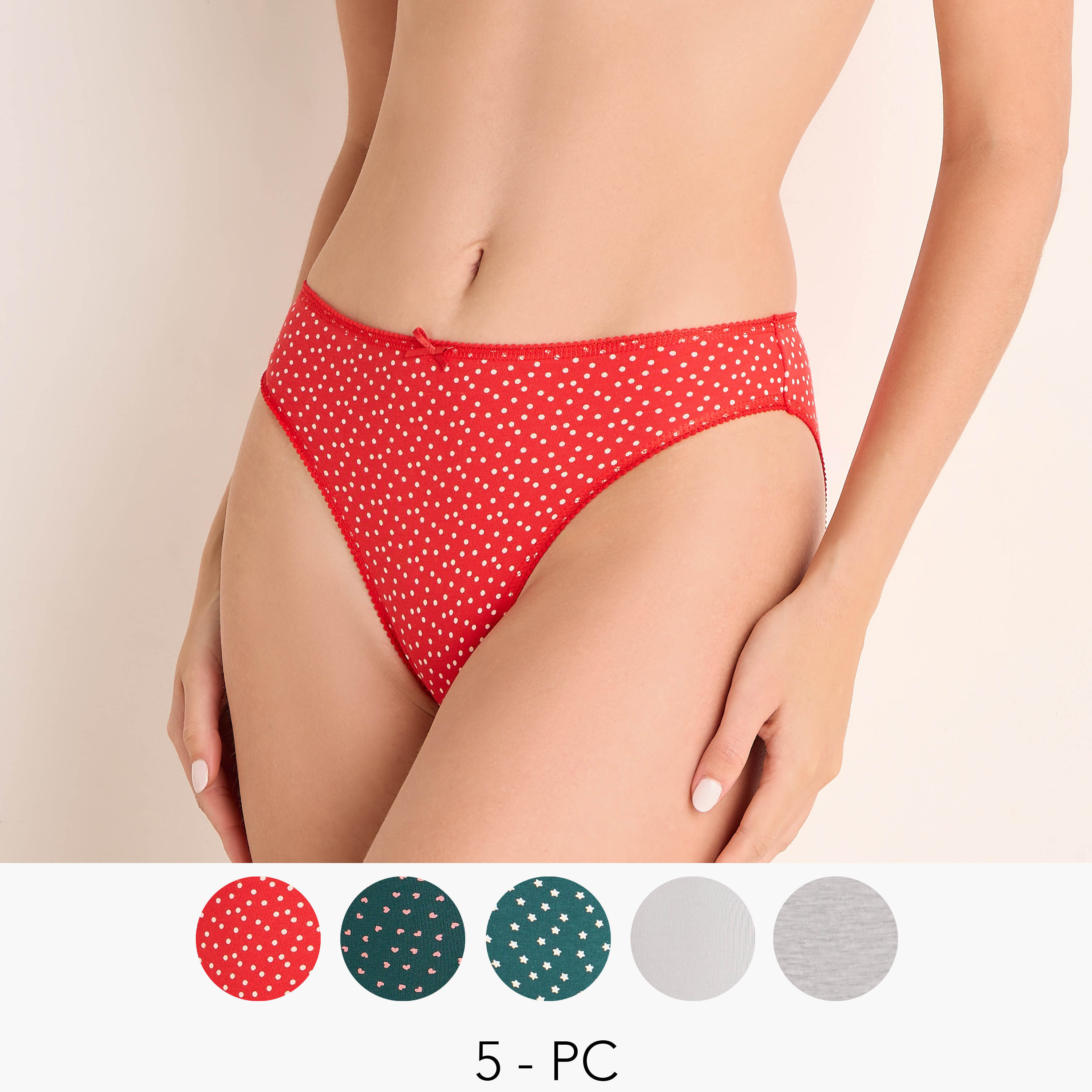 طقم 5 سراويل بيكيني بخصر مطاطي وفيونكة ناعمة من سبلاش انتيميتس-women-clothing-plussize-lingerie-panties-image-1