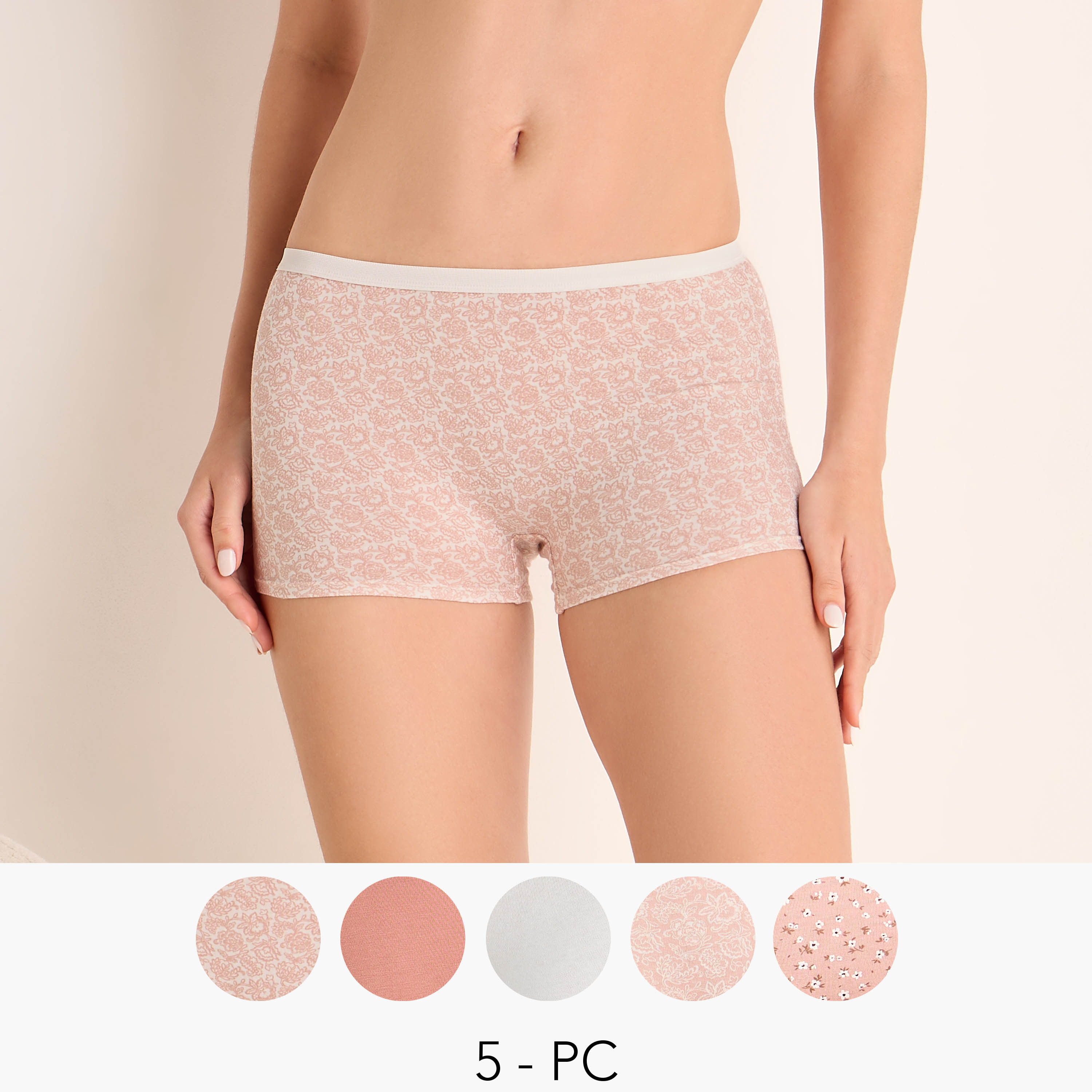 طقم سراويل داخلية بقصة بوي شورت وخصر مطاطي من سبلاش إنتيمتس - 5 قطع-women-clothing-lingerie-panties-image-1