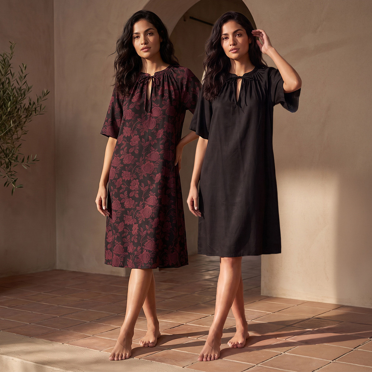فستان نوم فيسكوز بطول الركبة من سبلاش إنتيميتس - طقم من قطعتين-women-clothing-nightwear-nighties-image-1