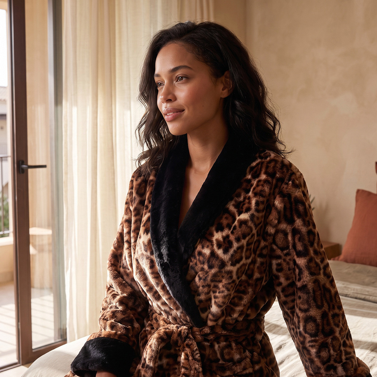 روب نوم طول الركبة فرو صناعي مع حزام من سبلاش انتيميتس-women-clothing-nightwear-robes-image-5