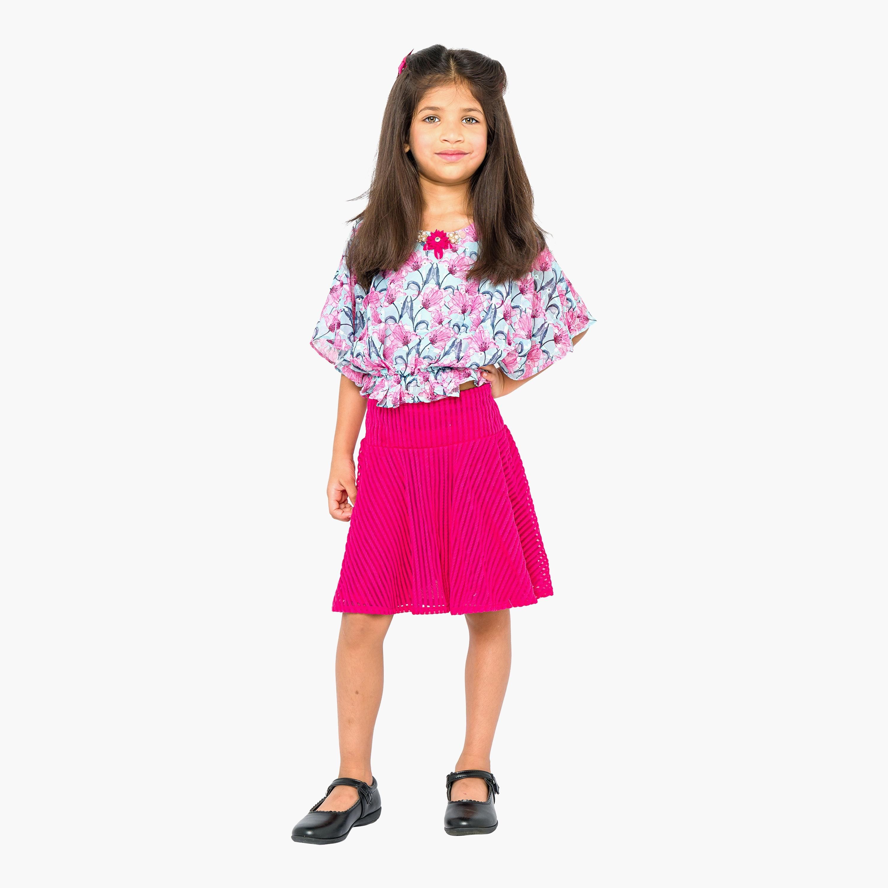 بلوزة مطبوعة بأكمام قصيرة قطعتين مع تنورة من بيبيكلو-girls-clothing-setsandcoords-image-1