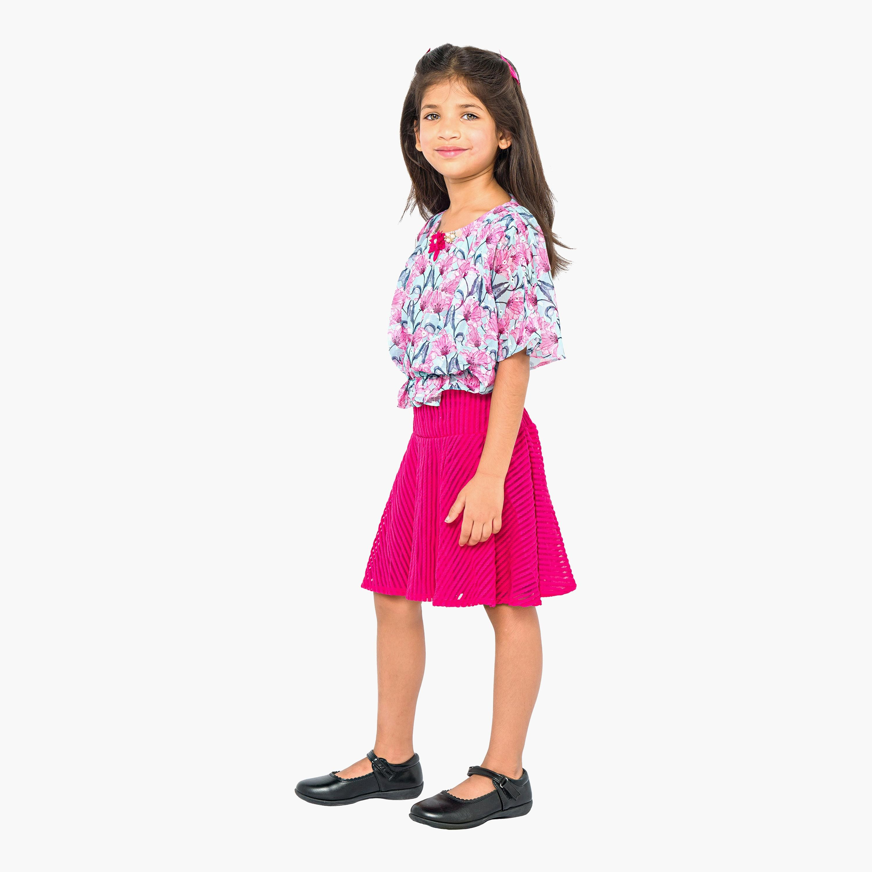 بلوزة مطبوعة بأكمام قصيرة قطعتين مع تنورة من بيبيكلو-girls-clothing-setsandcoords-image-4