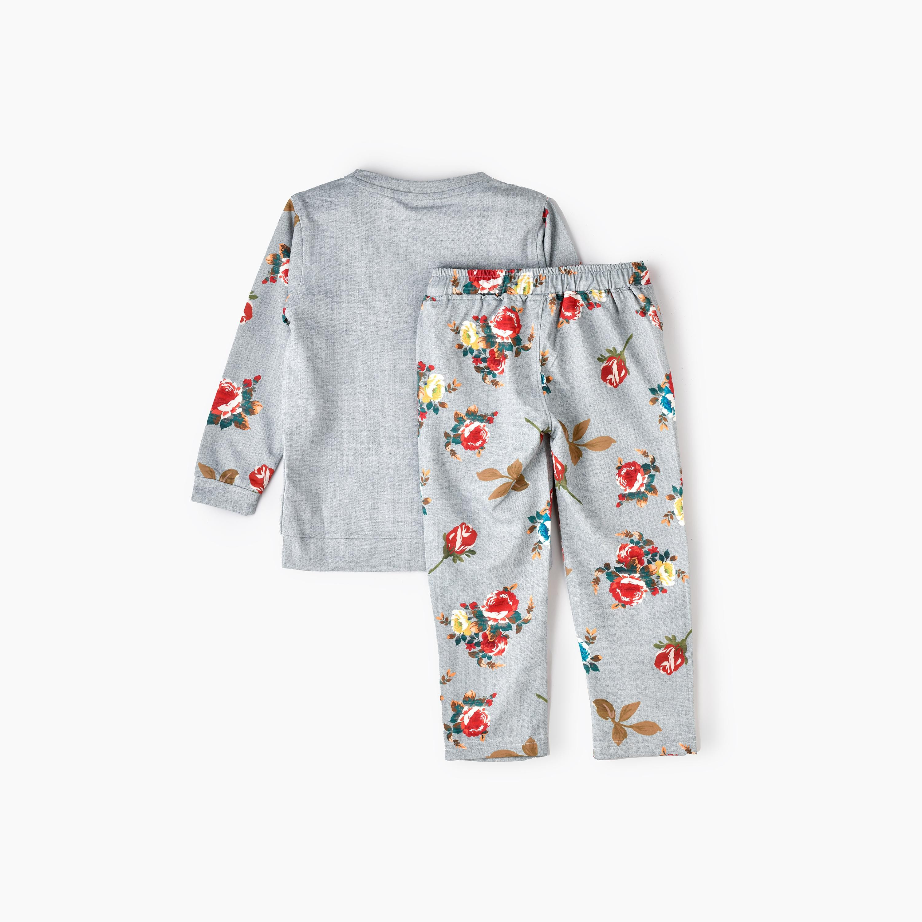 Babyqlo 2-Piece Floral Printed Long Sleeves T-Shirt with Pyjama-girls-clothing-setsandcoords-image-2
