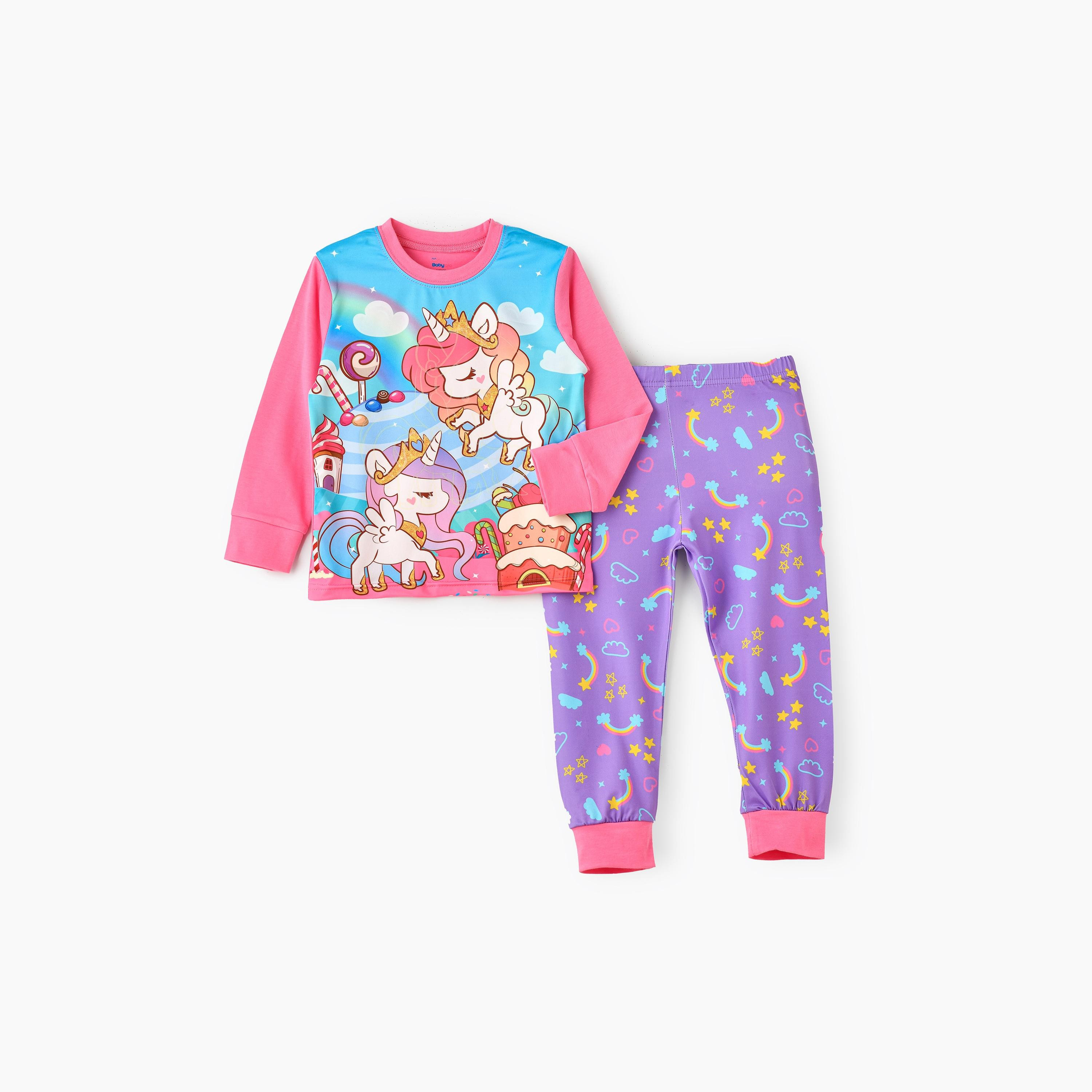 Babyqlo 2-Piece Unicorn Candyland Printed Glow-in-the-Dark T-Shirt with Joggers-girls-clothing-nightwear-image-1