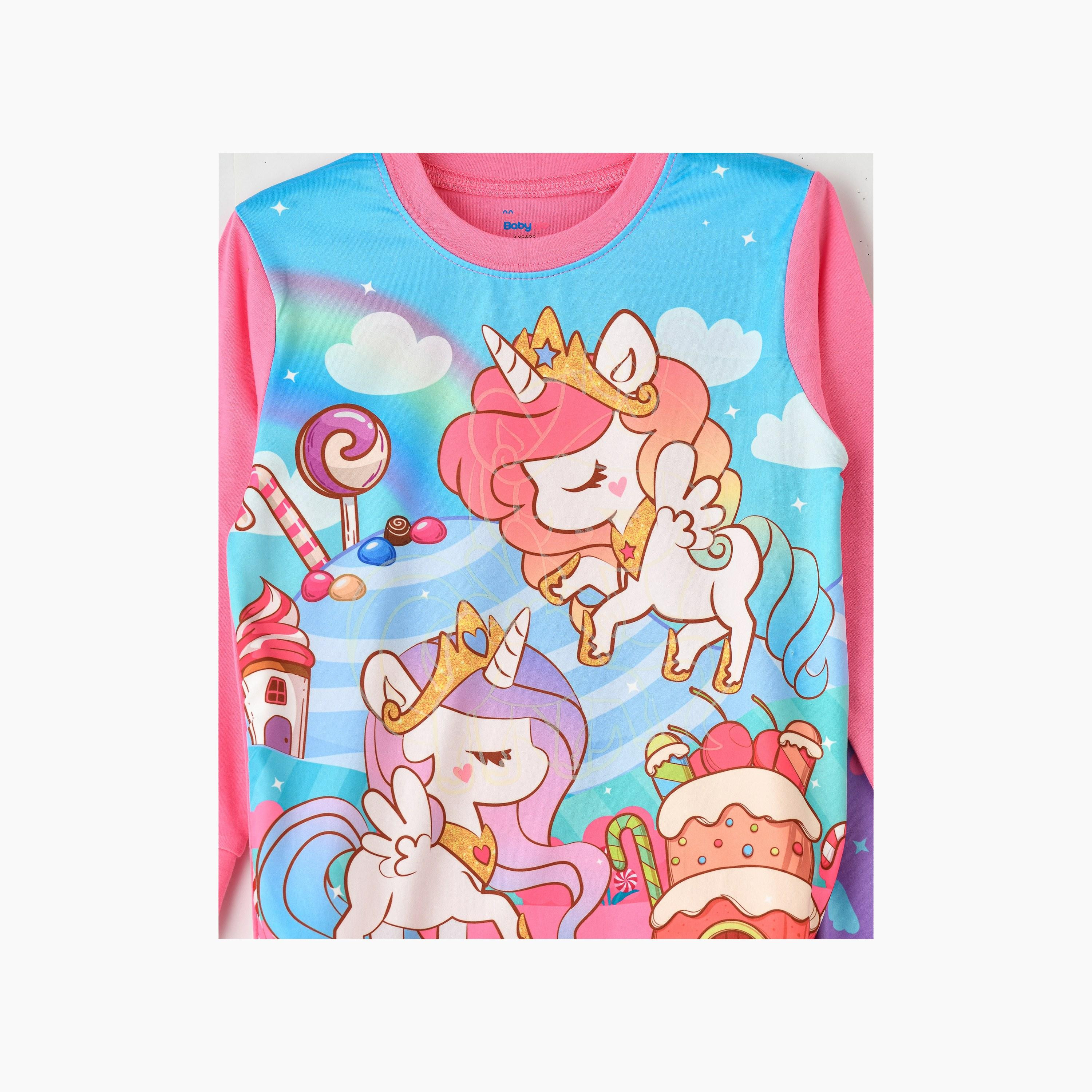 Babyqlo 2-Piece Unicorn Candyland Printed Glow-in-the-Dark T-Shirt with Joggers-girls-clothing-nightwear-image-4