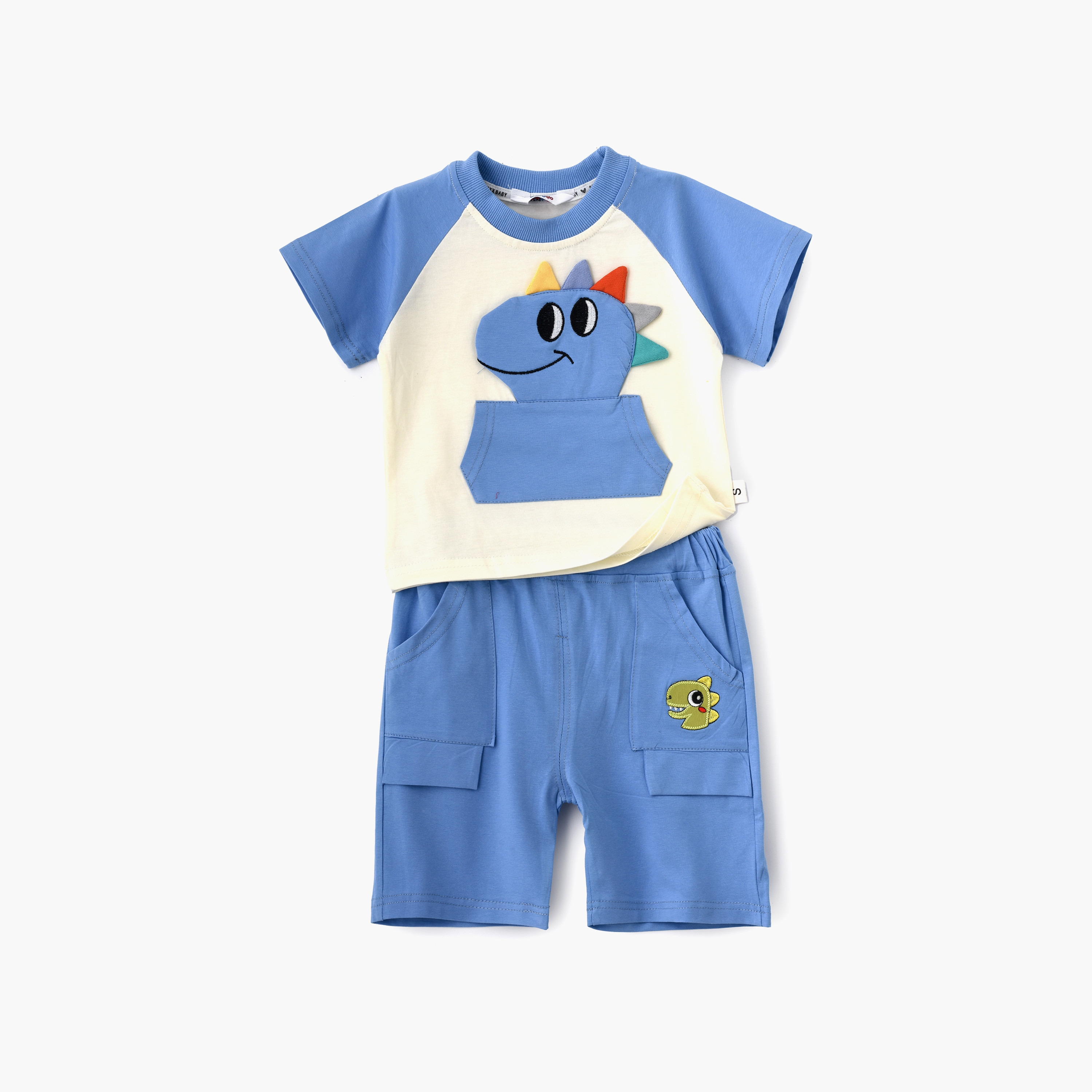 Babyqlo Dino Embroidered Short Sleeves T-Shirt with Shorts-boys-clothing-setsandcoords-image-1
