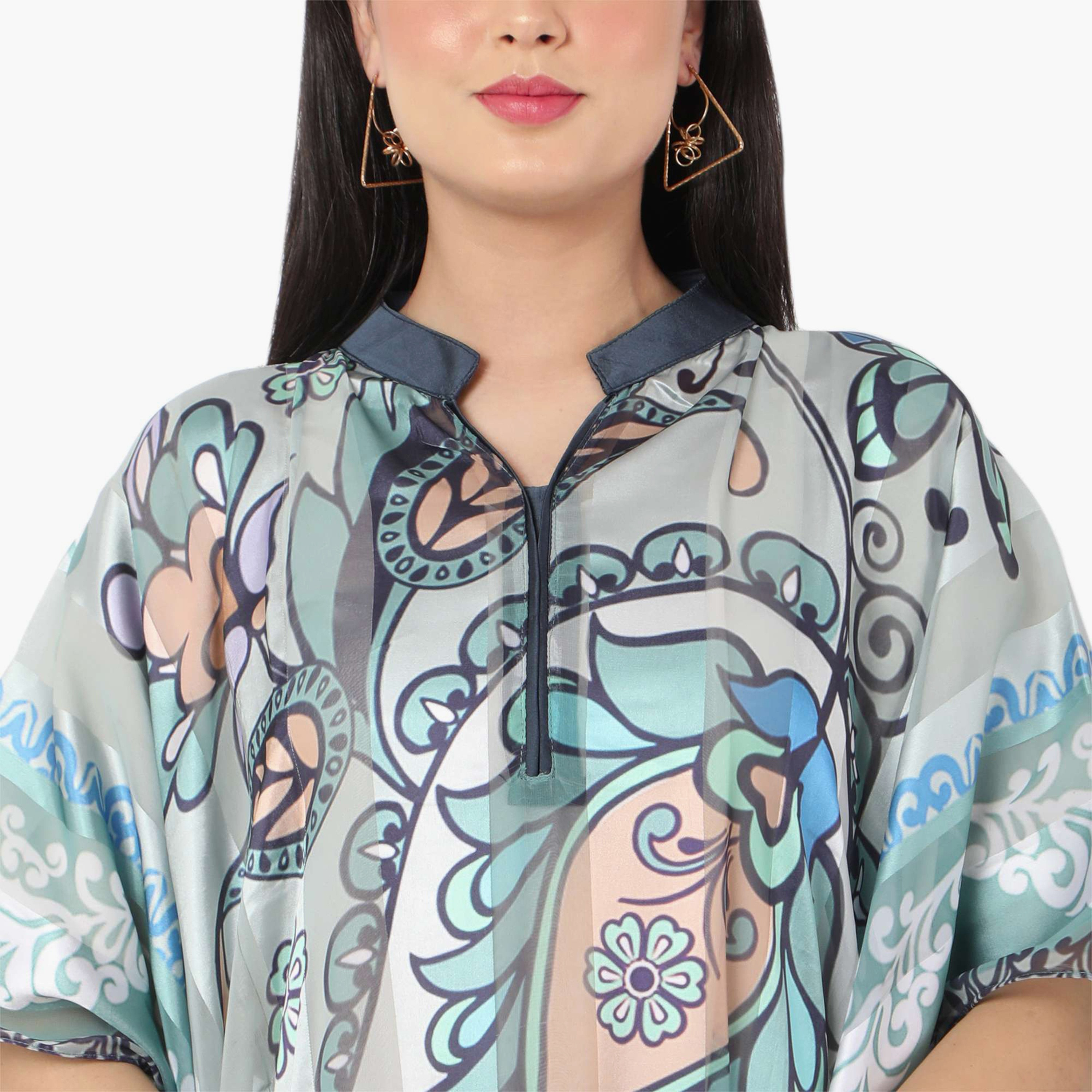 Hana & Sara Printed Collared Neck Flared Sleeves Women's Festive Kaftaan-women-arabicclothing-jalabiyas-image-2