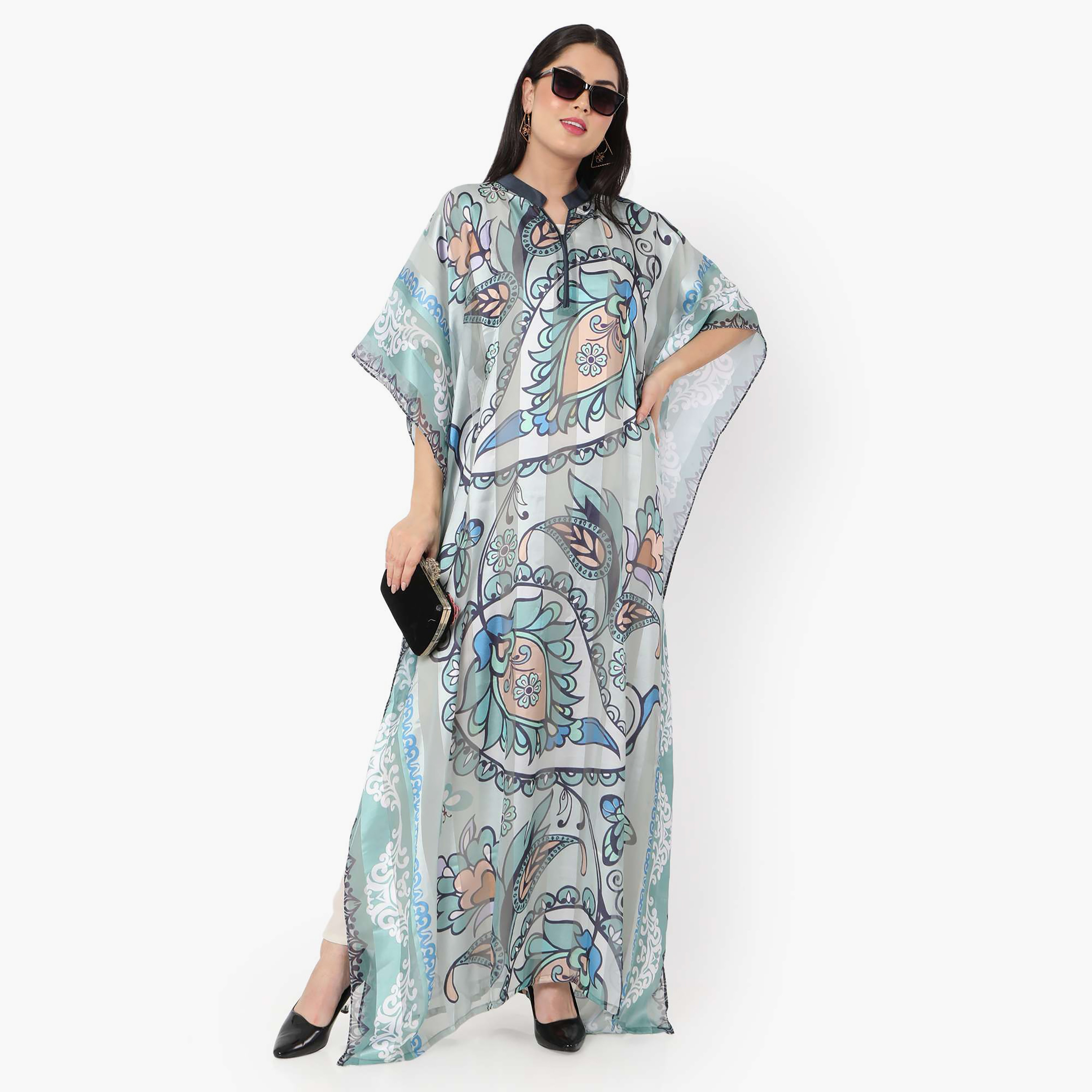 Hana & Sara Printed Collared Neck Flared Sleeves Women's Festive Kaftaan-women-arabicclothing-jalabiyas-image-3