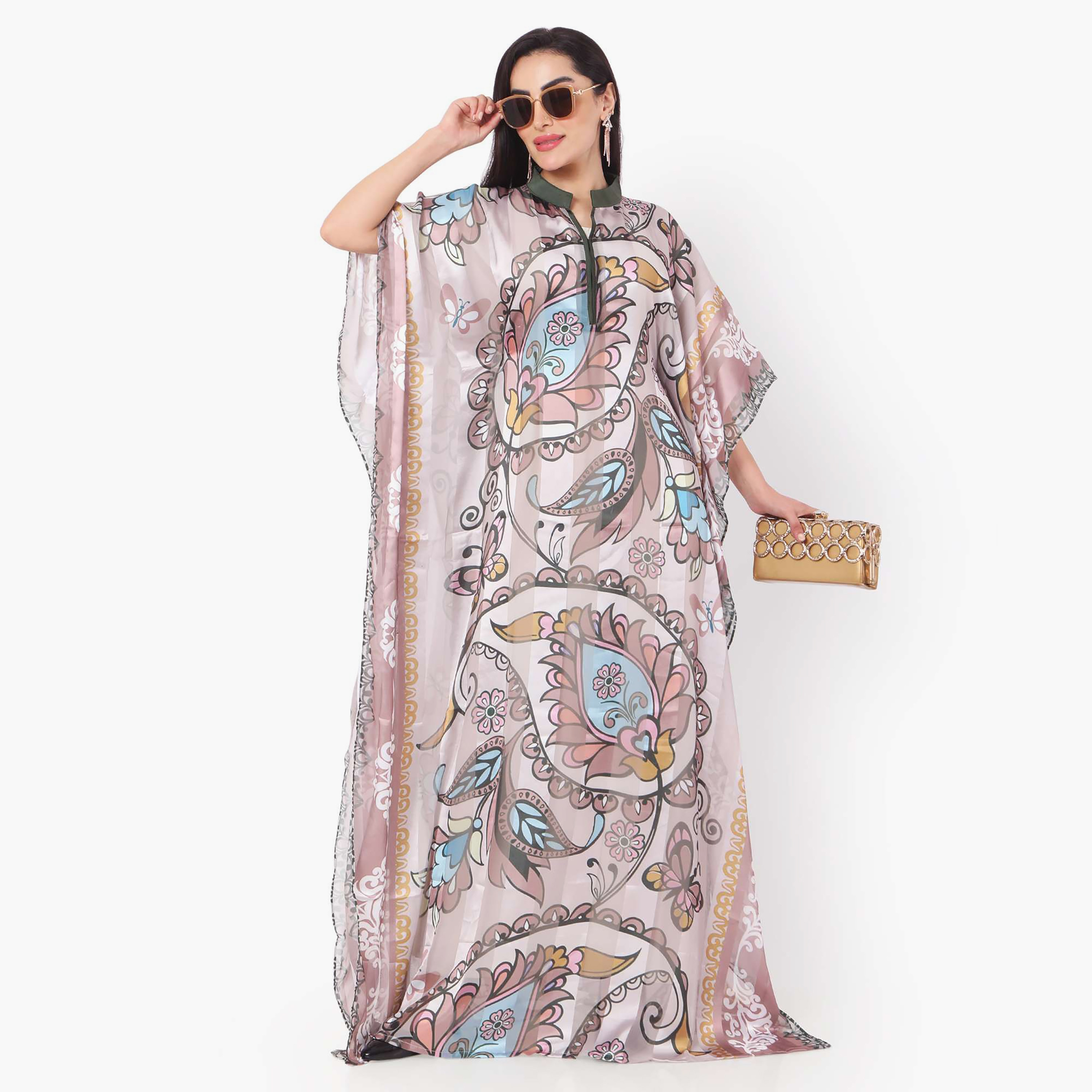 Hana & Sara Printed Collared Neck Flared Sleeves Women's Festive Kaftaan-women-arabicclothing-jalabiyas-image-8