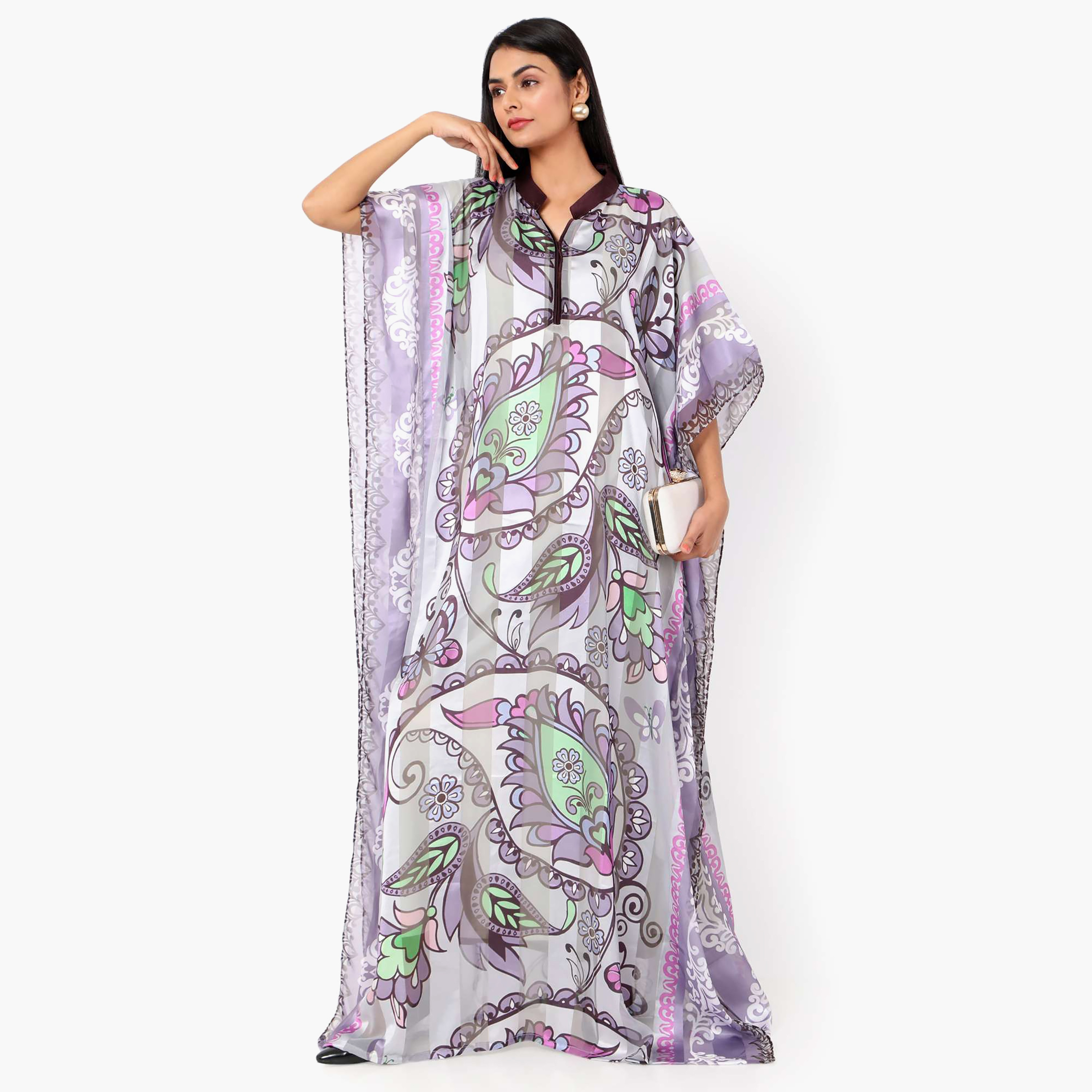 Hana & Sara Printed Collared Neck Flared Sleeves Women's Festive Kaftaan-women-arabicclothing-jalabiyas-image-12