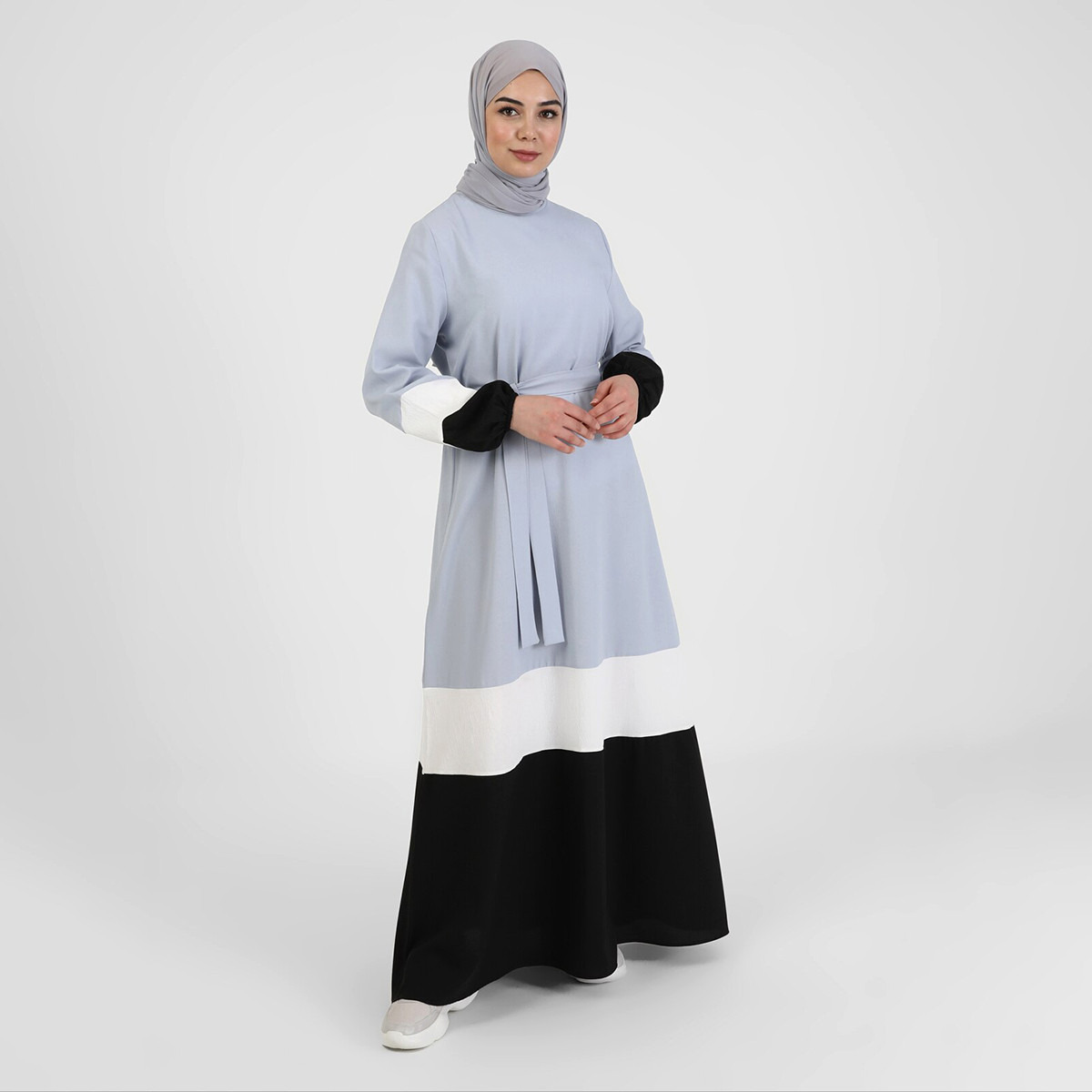 Modanisa Women Blue Colour Block Tie Belt Jalabiya-women-clothing-dresses-image-3