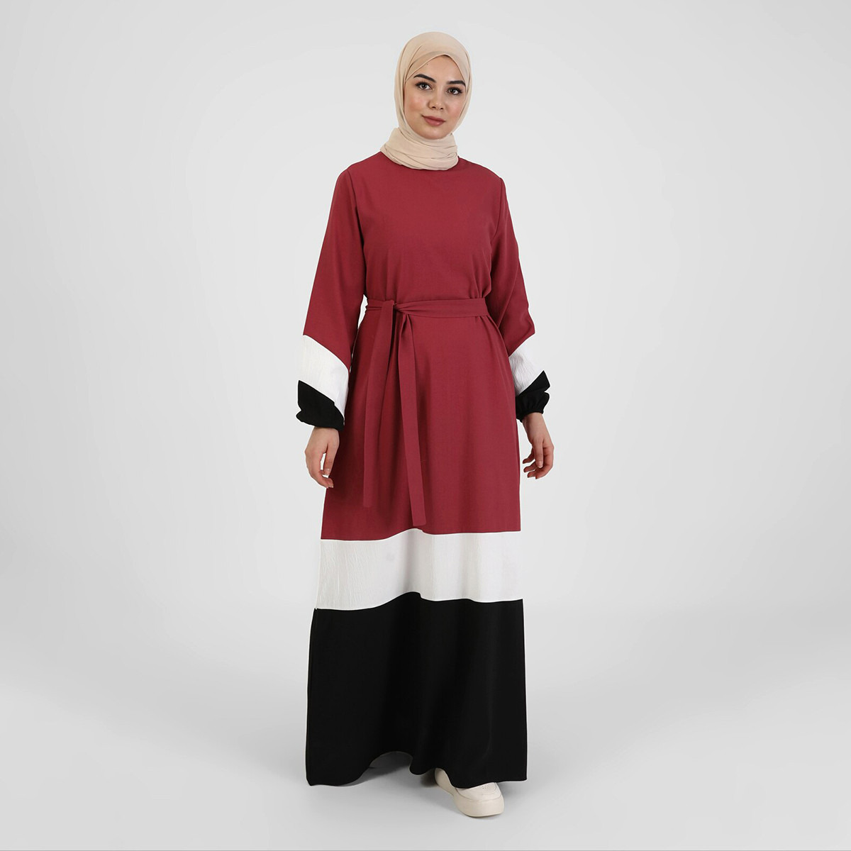 Modanisa Women Dusty Rose Colour Block Tie Belt Jalabiya-women-clothing-dresses-image-1