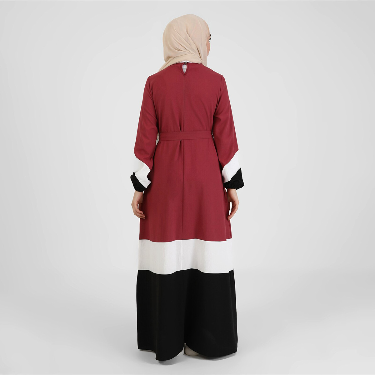 Modanisa Women Dusty Rose Colour Block Tie Belt Jalabiya-women-clothing-dresses-image-2