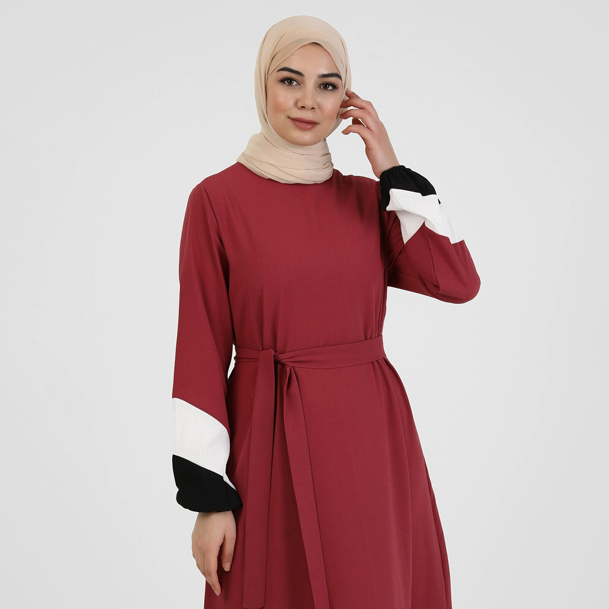 Modanisa Women Dusty Rose Colour Block Tie Belt Jalabiya-women-clothing-dresses-image-4