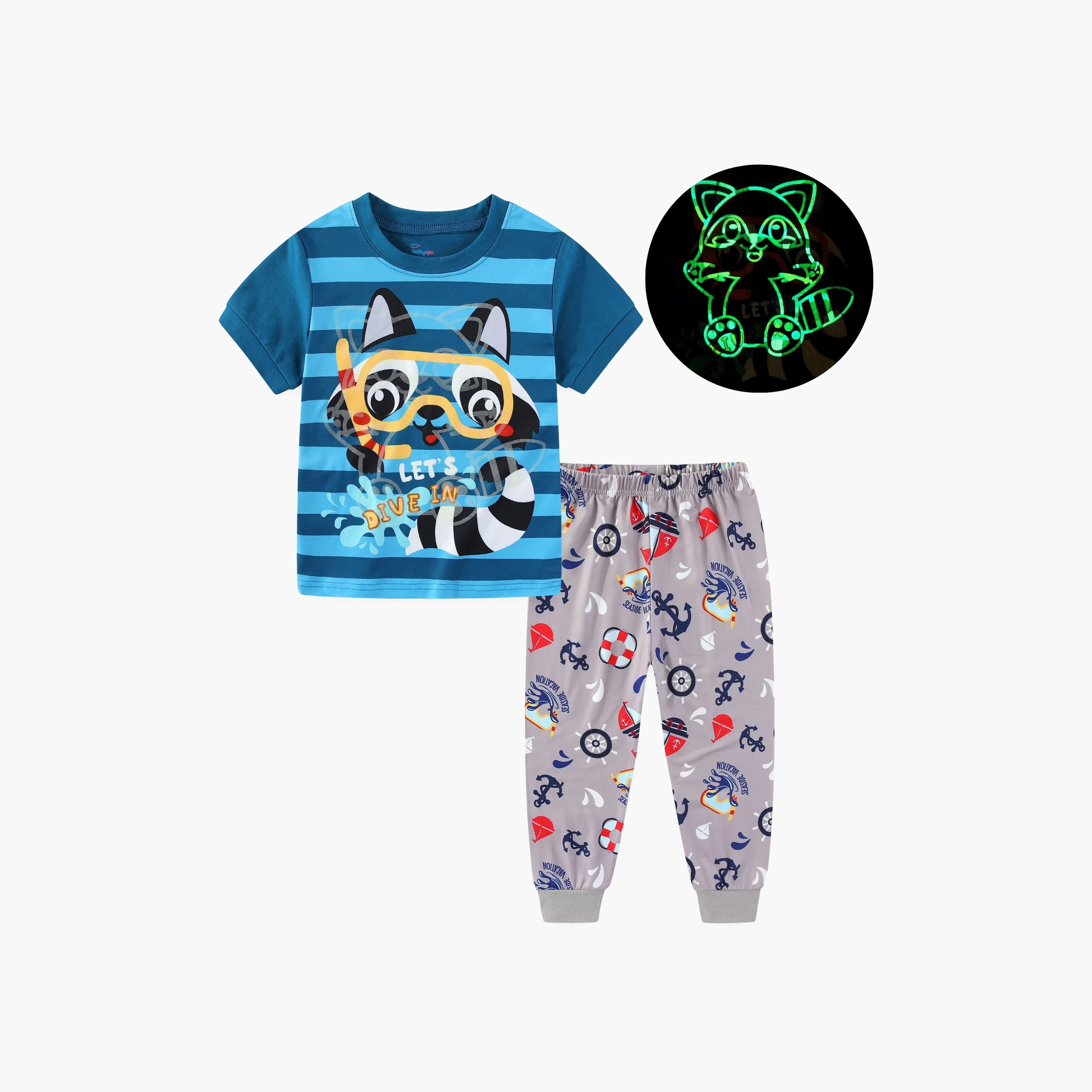 Babyqlo Snorkel Raccoon Ocean Dive Fun Printed Glow-in-the-Dark T-Shirt with Joggers-boys-clothing-nightwear-image-1