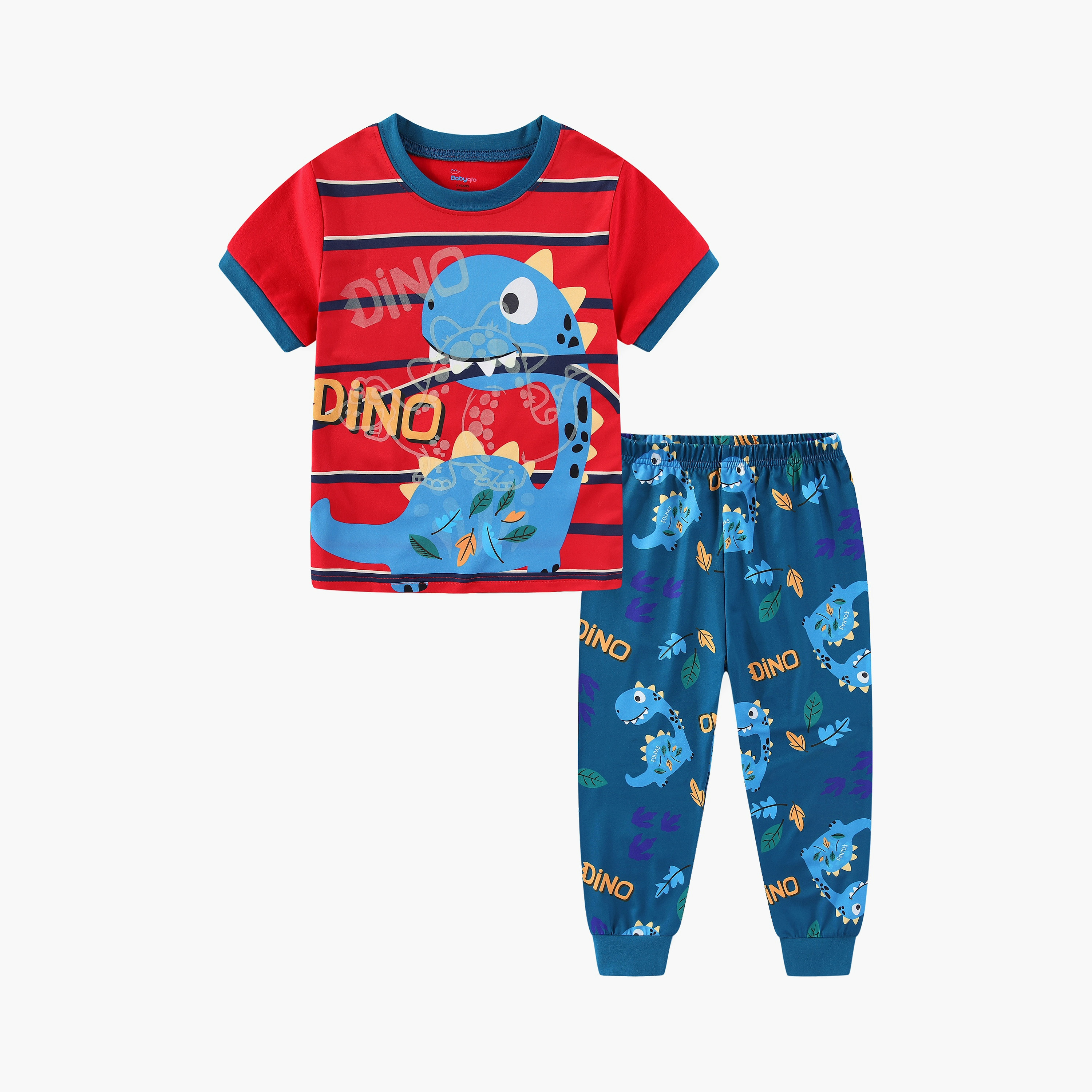 Babyqlo Blue Dino’s Leafy Jungle Trek Printed Glow-in-the-Dark T-Shirt with Joggers-boys-clothing-nightwear-image-1